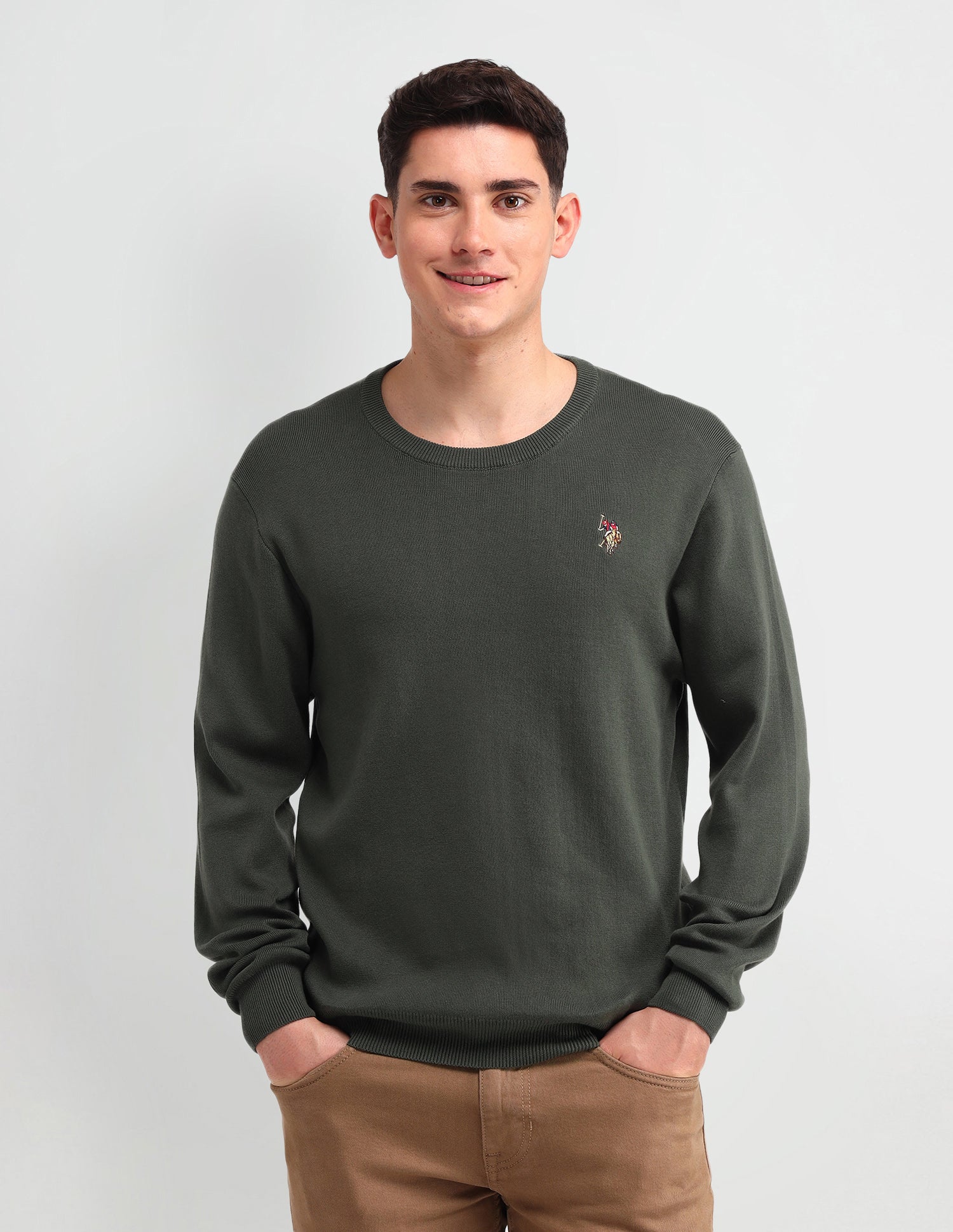 Solid Regular Fit Sweater Olive - U.S. Polo Assn. India | Large