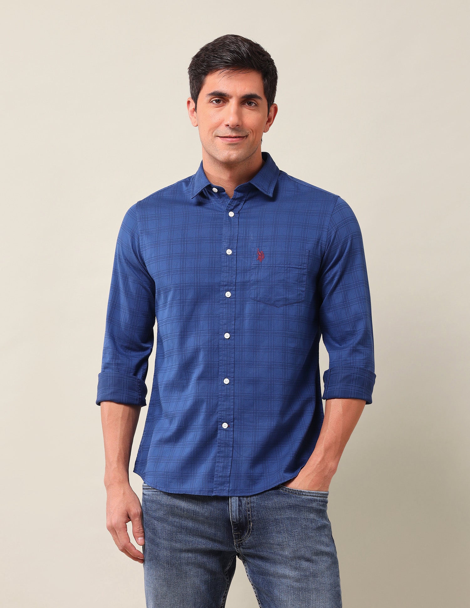 Tailored Fit Windowpane Checked Shirt Blue - U.S. Polo Assn. India | Large