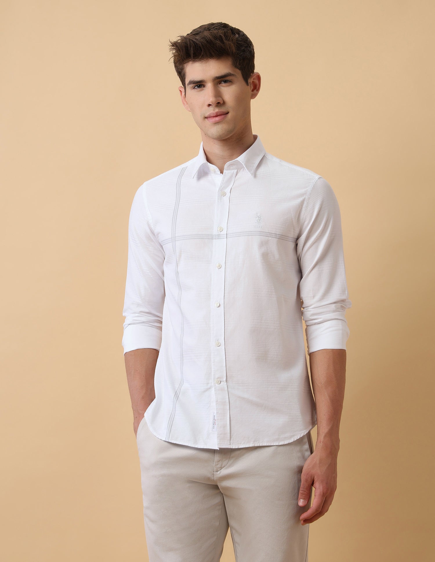 Textured Horizontal Striped Regular Fit Shirt Light Grey - U.S. Polo Assn. India | Large