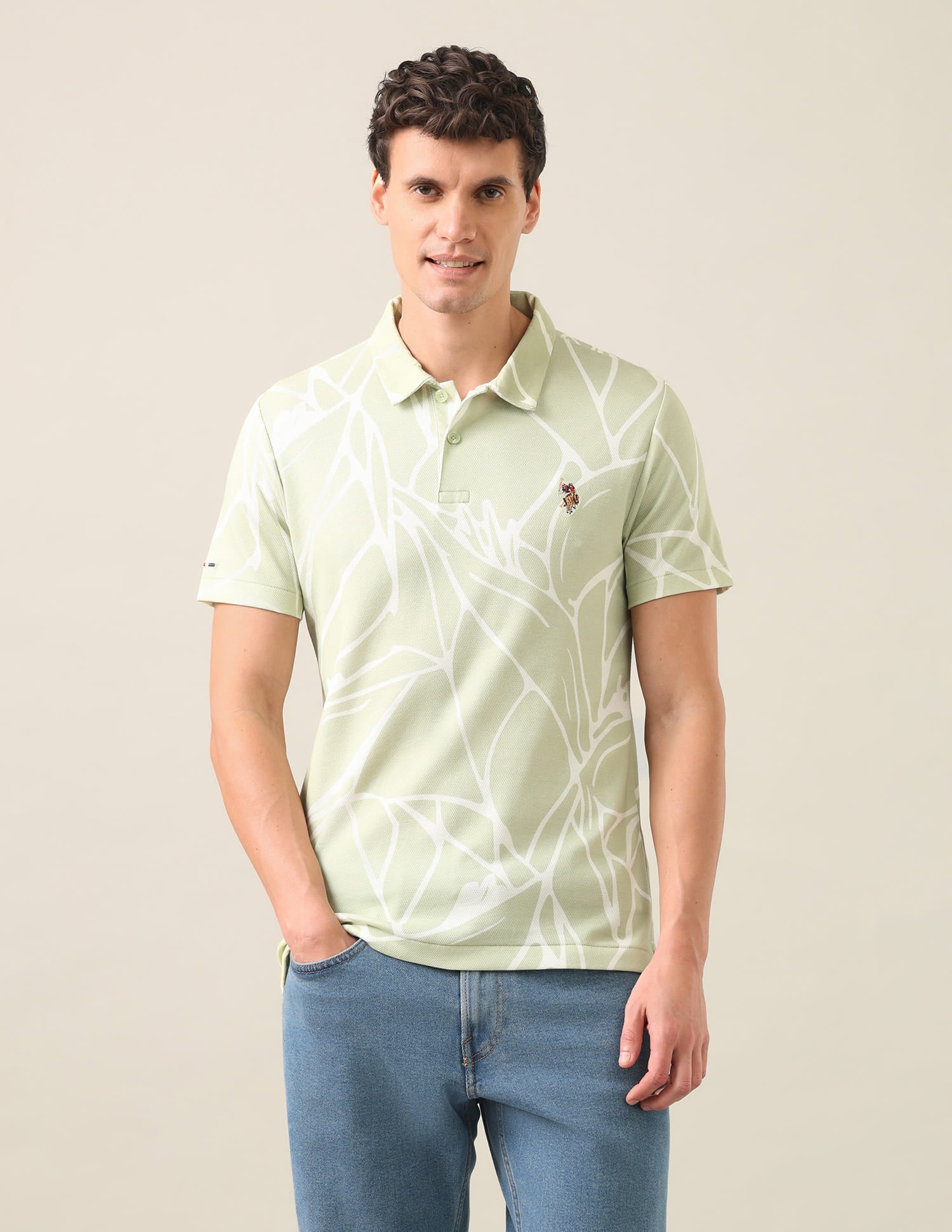 Abstract Printed Slim Fit Polo Shirt Light Green - U.S. Polo Assn. India | Large