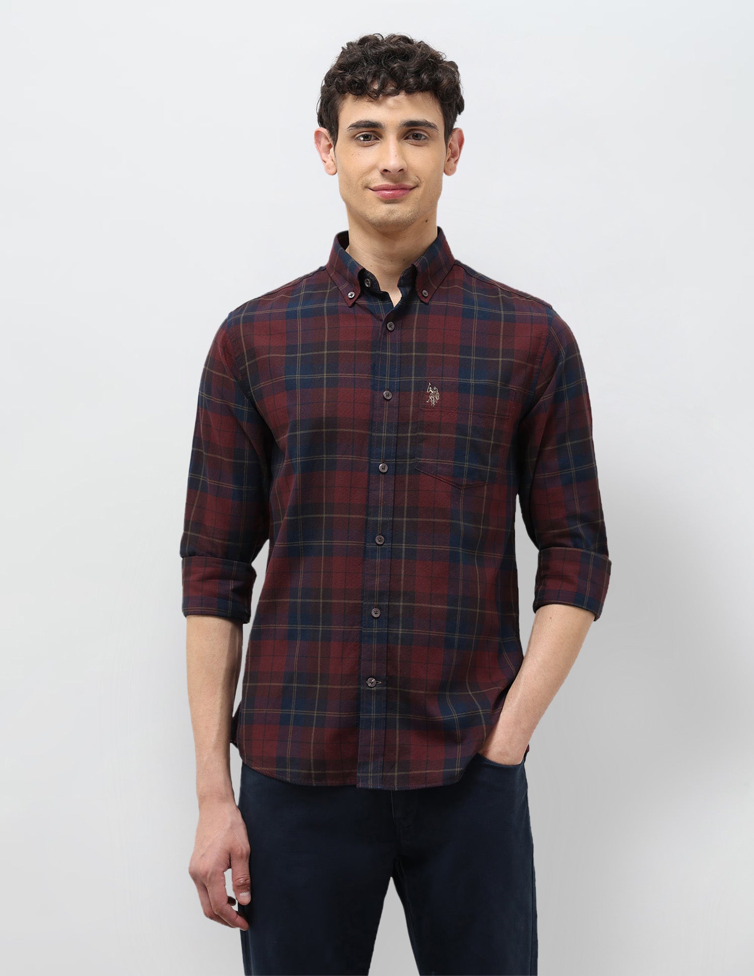 Tartan Checked Tailored Fit Shirt Maroon - U.S. Polo Assn. India | Large