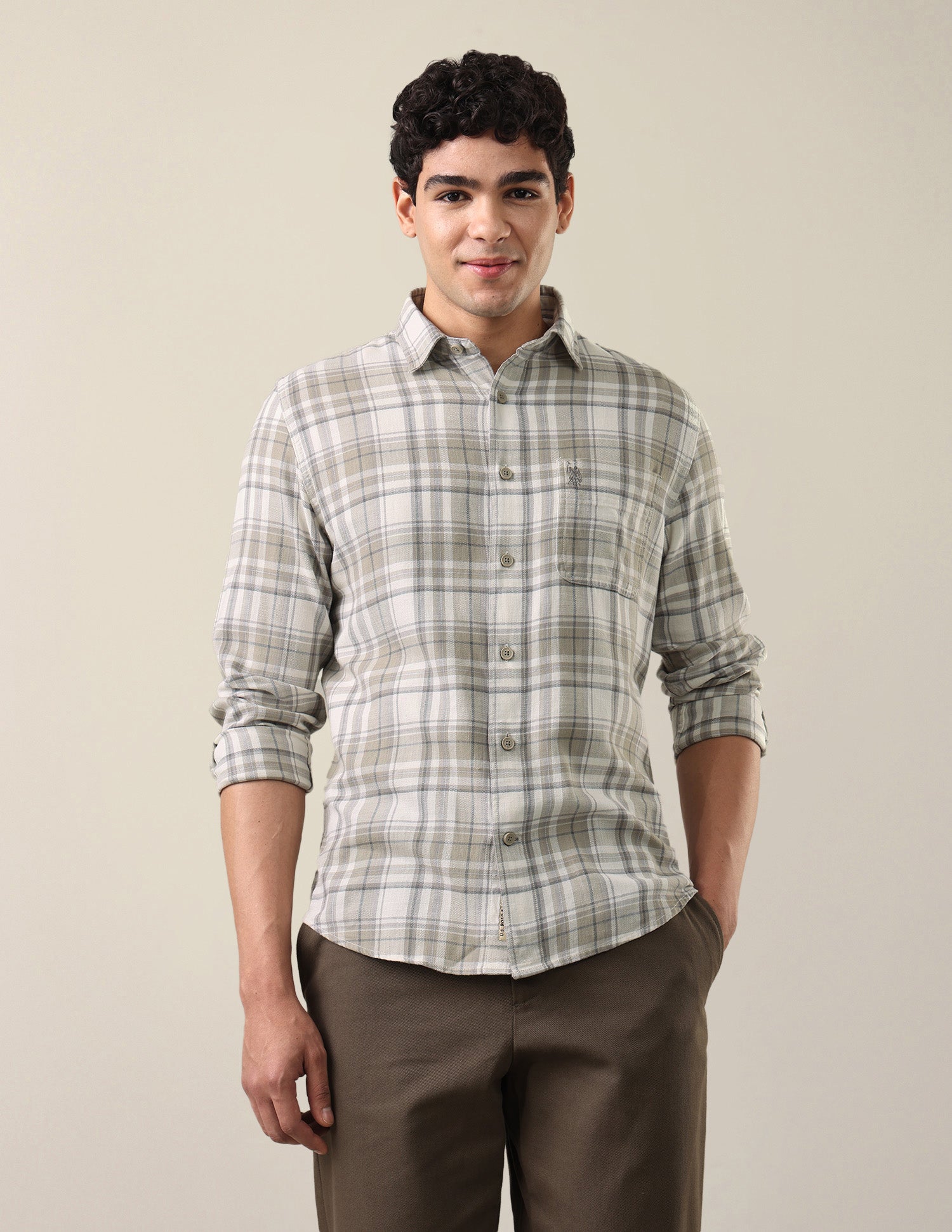 Twill Windowpane Checked Shirt Light Olive - U.S. Polo Assn. India | Large