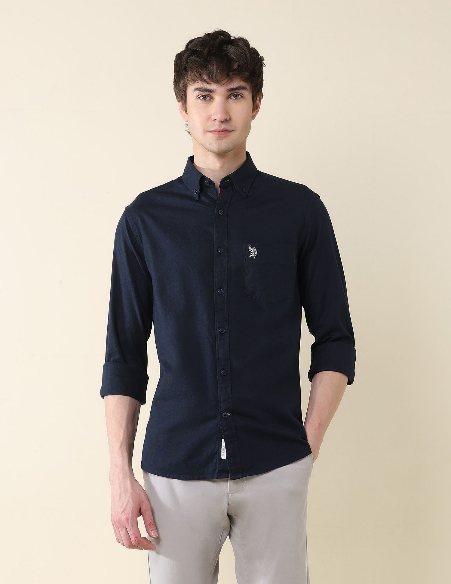 Solid Oxford Stretch Button Down Shirt Navy - U.S. Polo Assn. India | Large