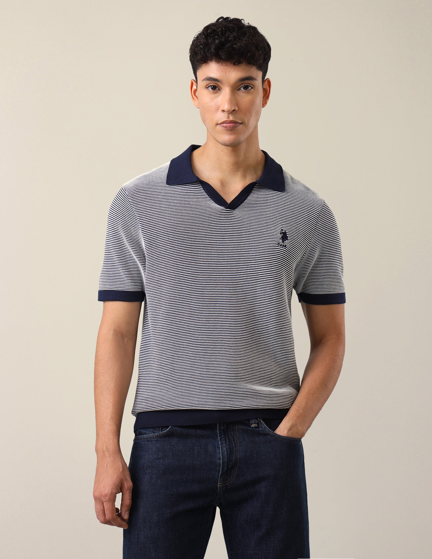 Horizontal Striped Patterned Knit Slim Fit Polo Shirt Navy - U.S. Polo Assn. India | Large