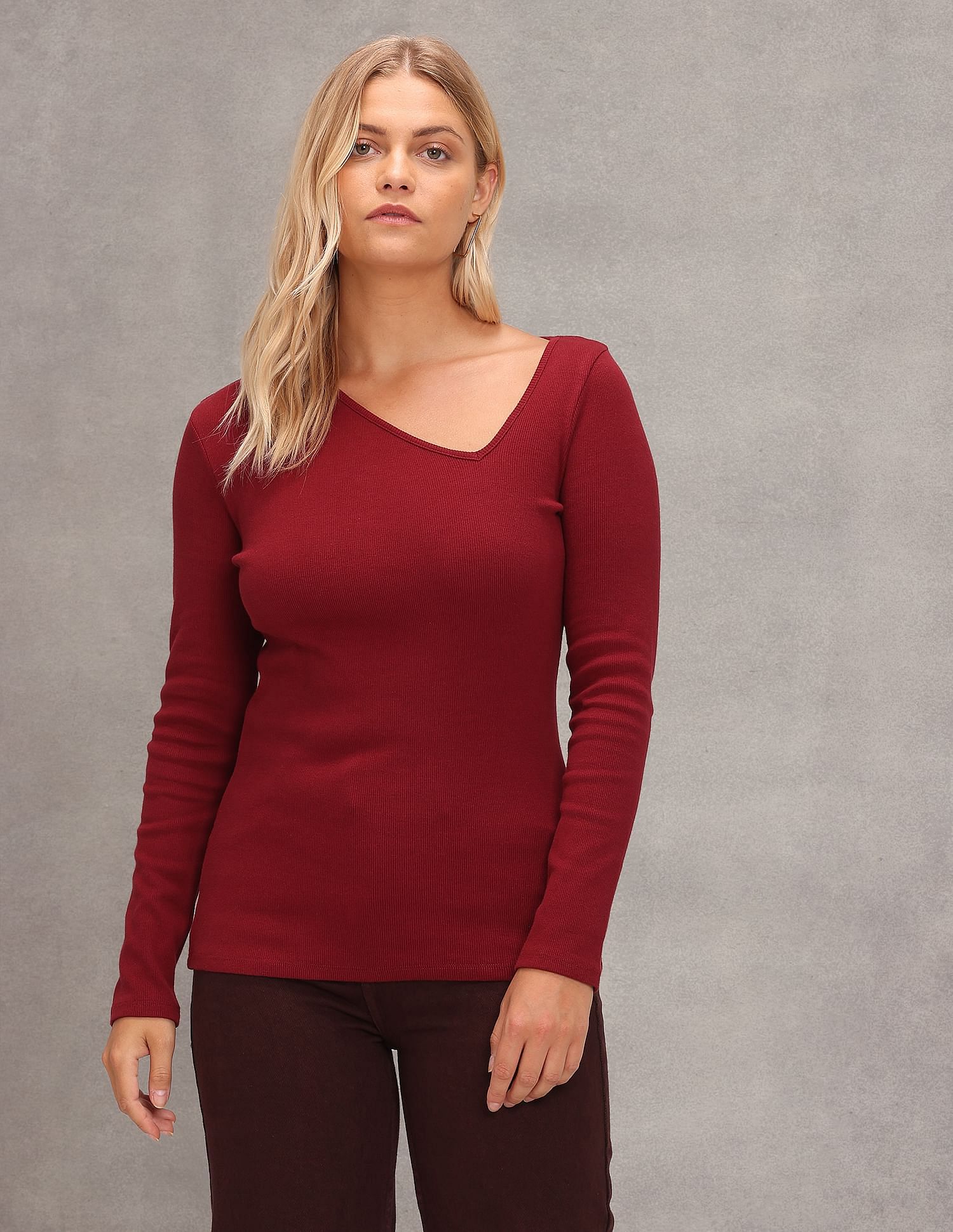 Long Sleeve V-Neck Top Maroon - U.S. Polo Assn. India | Large