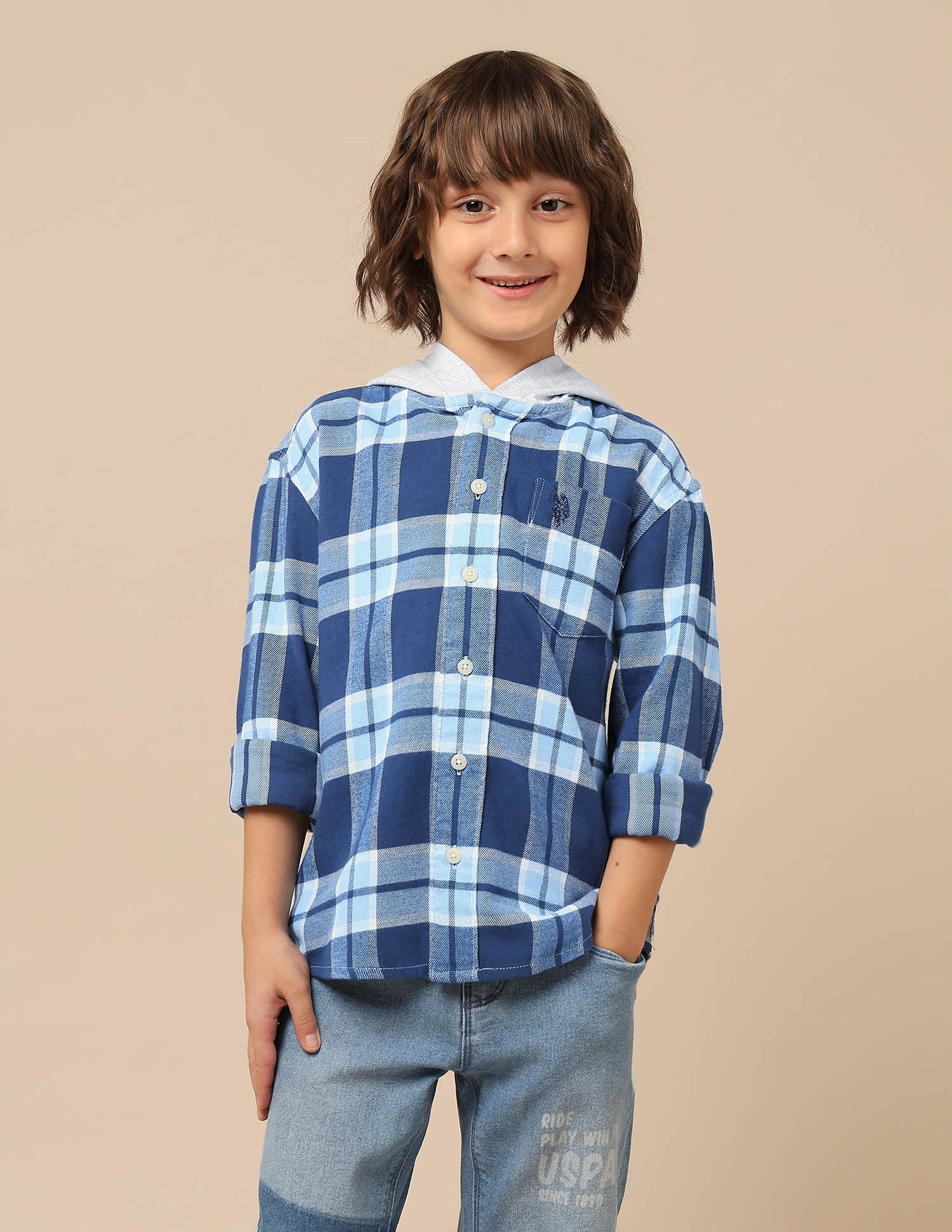 Boys Tartan Checked Hooded Shacket Navy - U.S. POLO ASSN. | Large