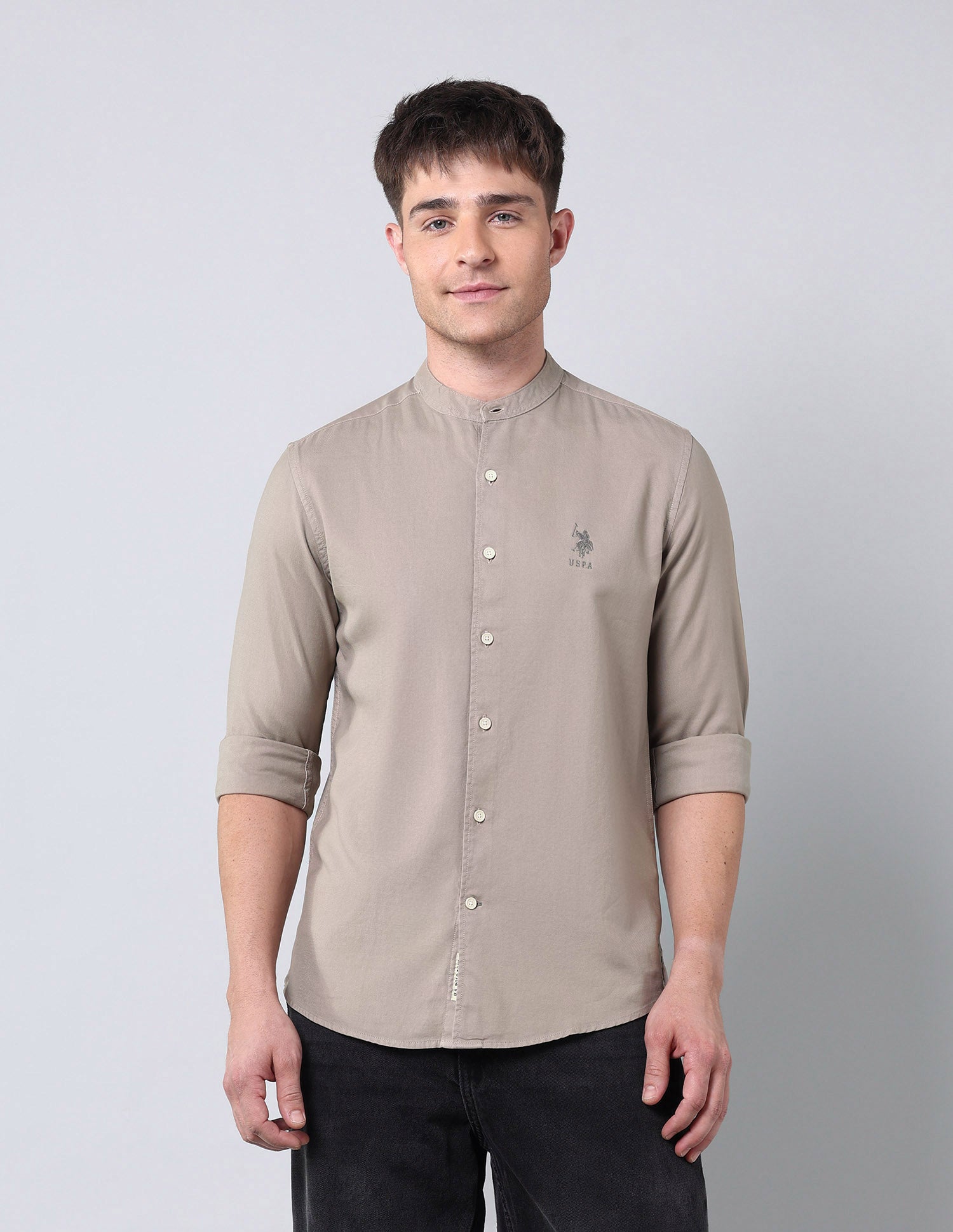Solid Pure Cotton Twill Shirt Khaki - U.S. Polo Assn. India | Large