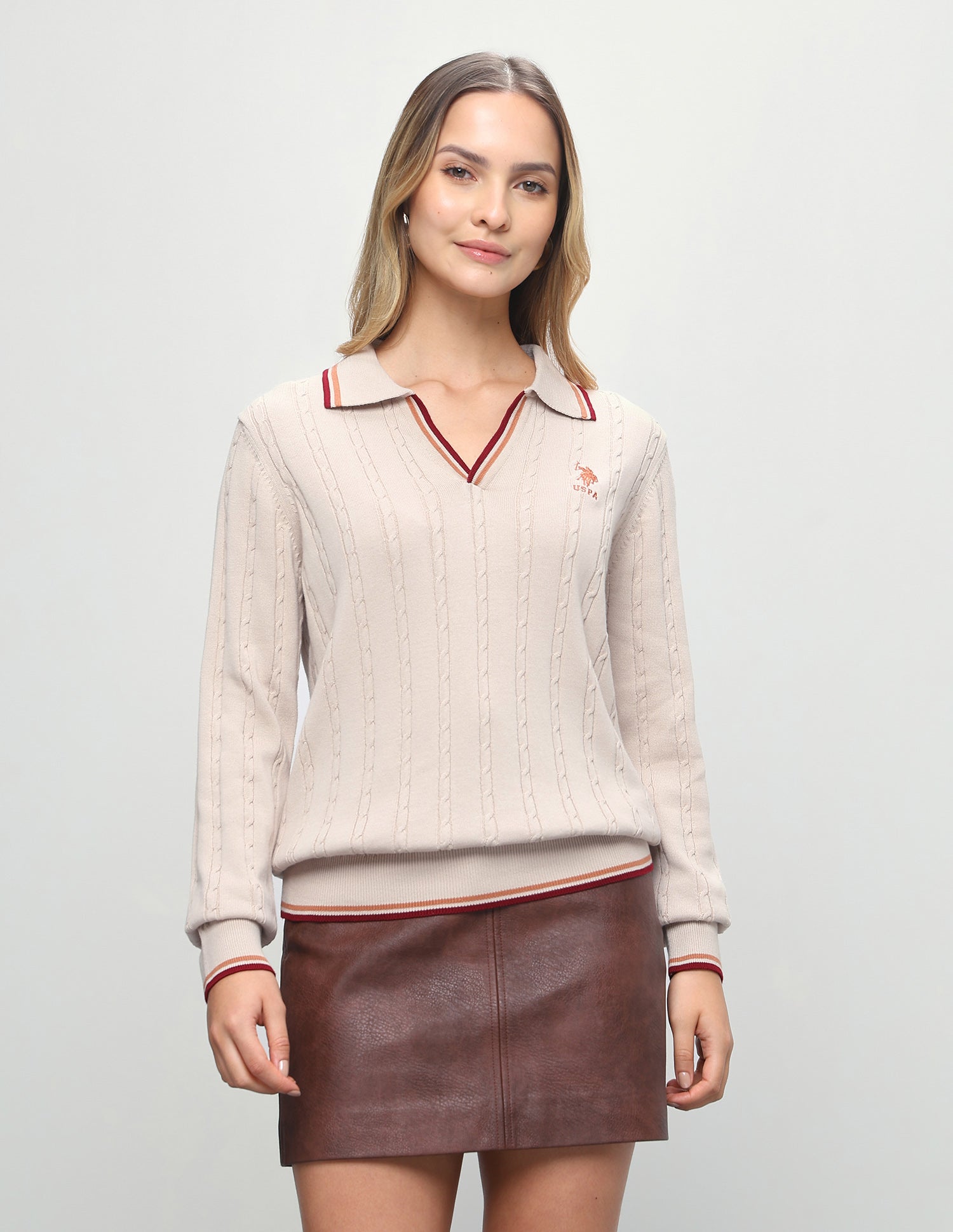Cable Patterned Knit Regular Fit Sweater Ecru - U.S. Polo Assn. India | Large