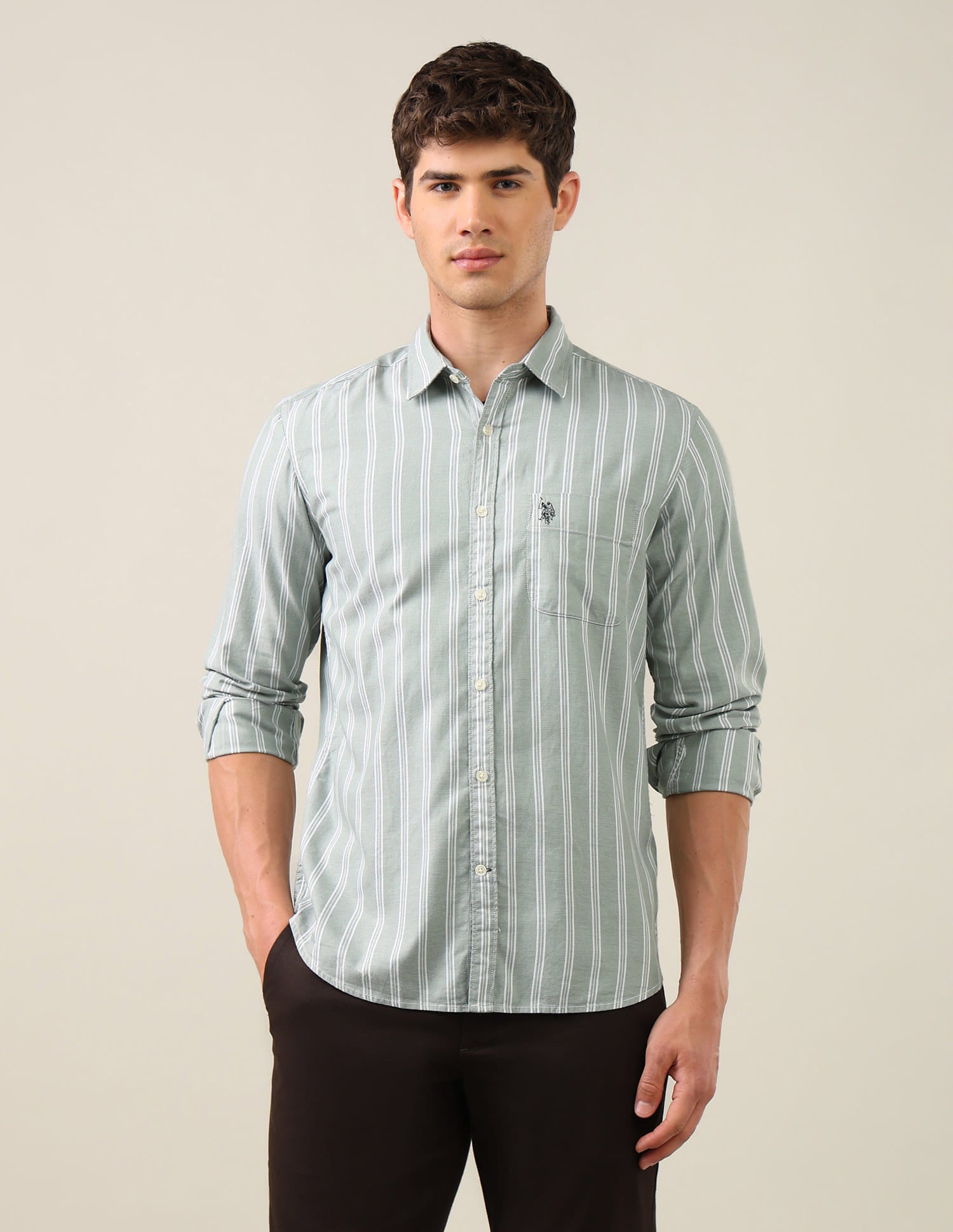 Vertical Striped Regular Fit Shirt Green - U.S. Polo Assn. India | Large