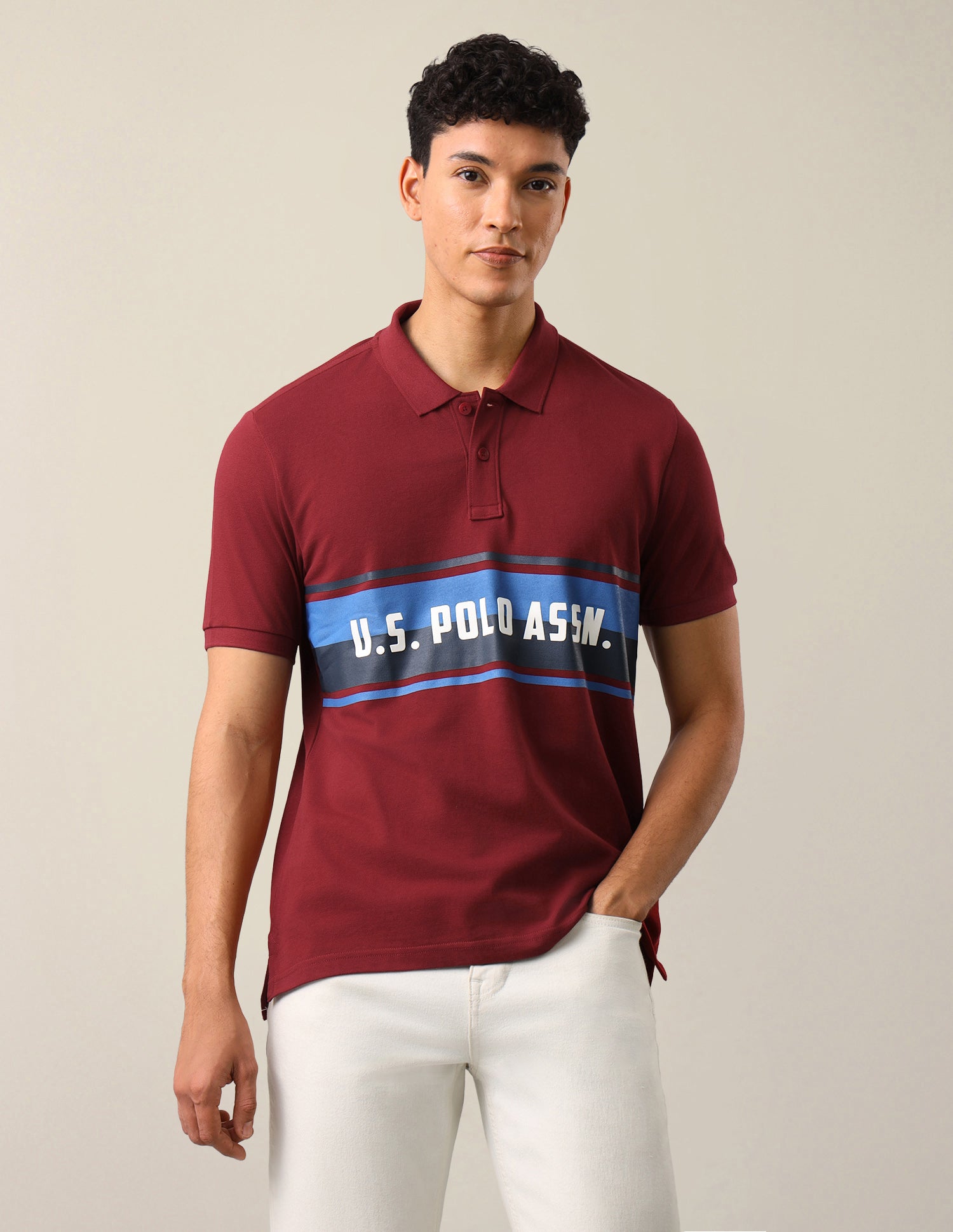 Colourblocked With Brand Printed Slim Fit Polo Shirt Red - U.S. Polo Assn. India | Large