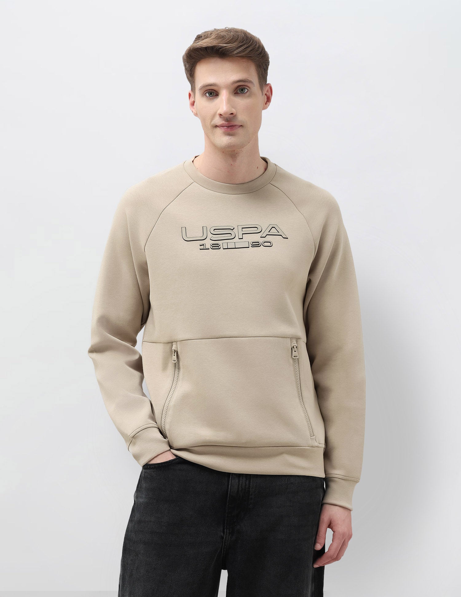 Brand Embossed Regular Fit Sweatshirt Light Khaki - U.S. POLO ASSN. | Large