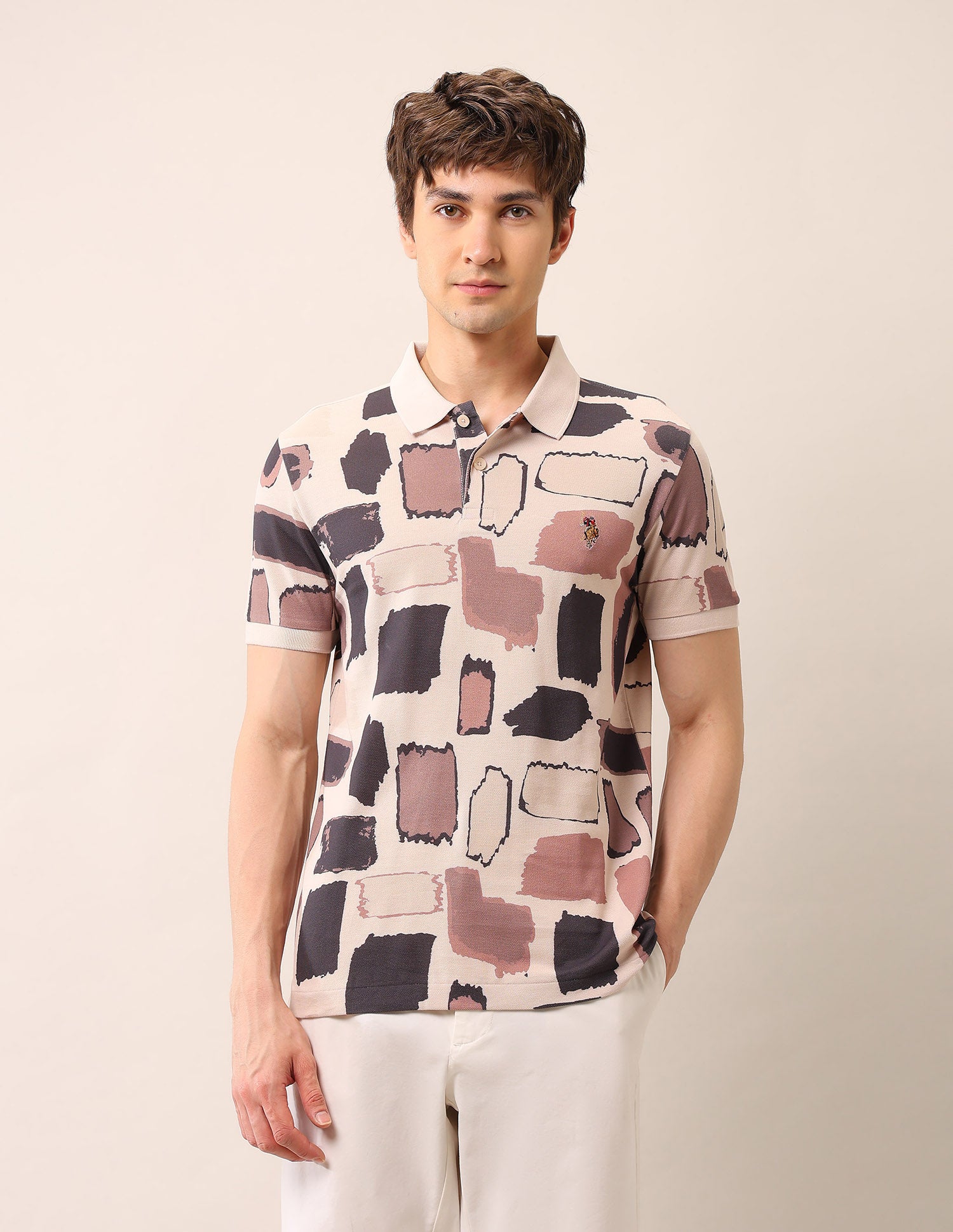 Abstract Printed Muscle Fit Polo Shirt Peach - U.S. Polo Assn. India | Large