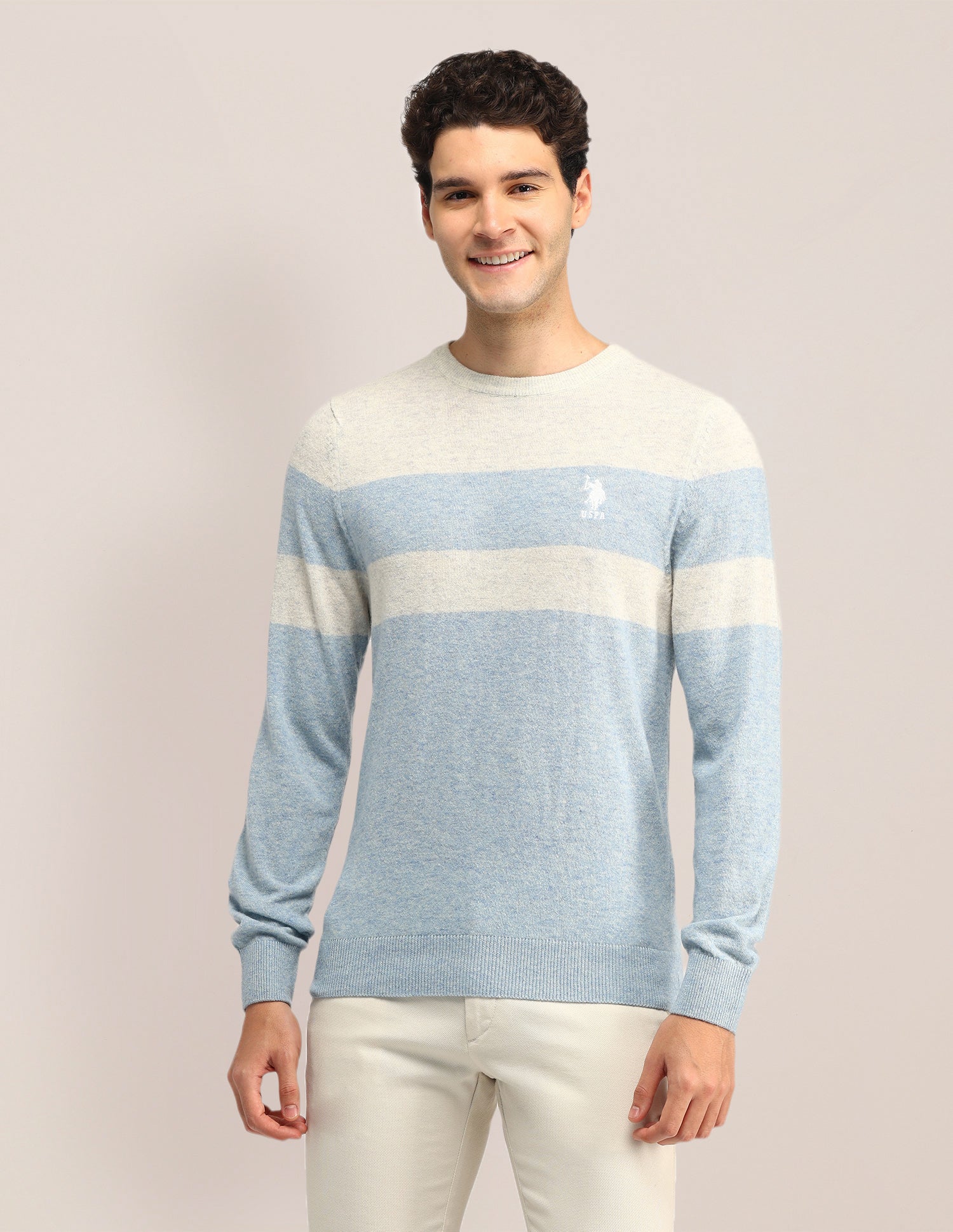 Colour Blocked Regular Fit Sweater Off White - U.S. Polo Assn. India | Large