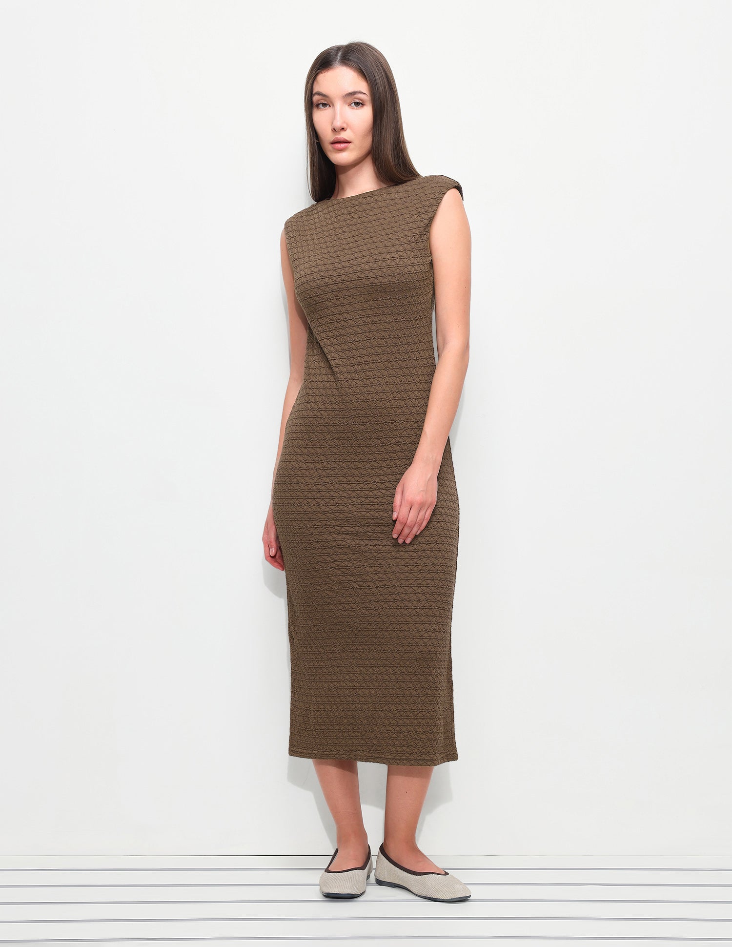 Textured Fitted Midi Sheath Dress Brown - U.S. Polo Assn. India | Large