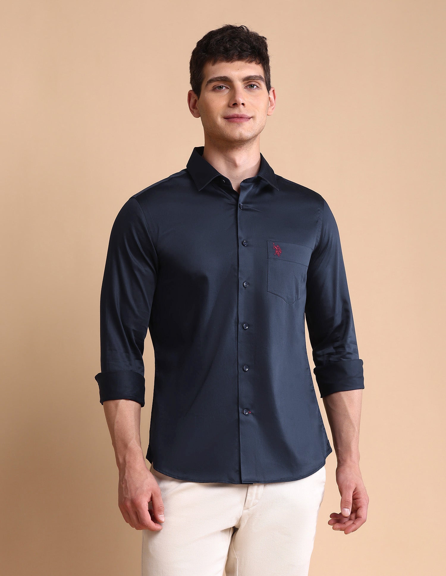 Solid Tailored Fit Satin Shirt Navy - U.S. POLO ASSN. | Large