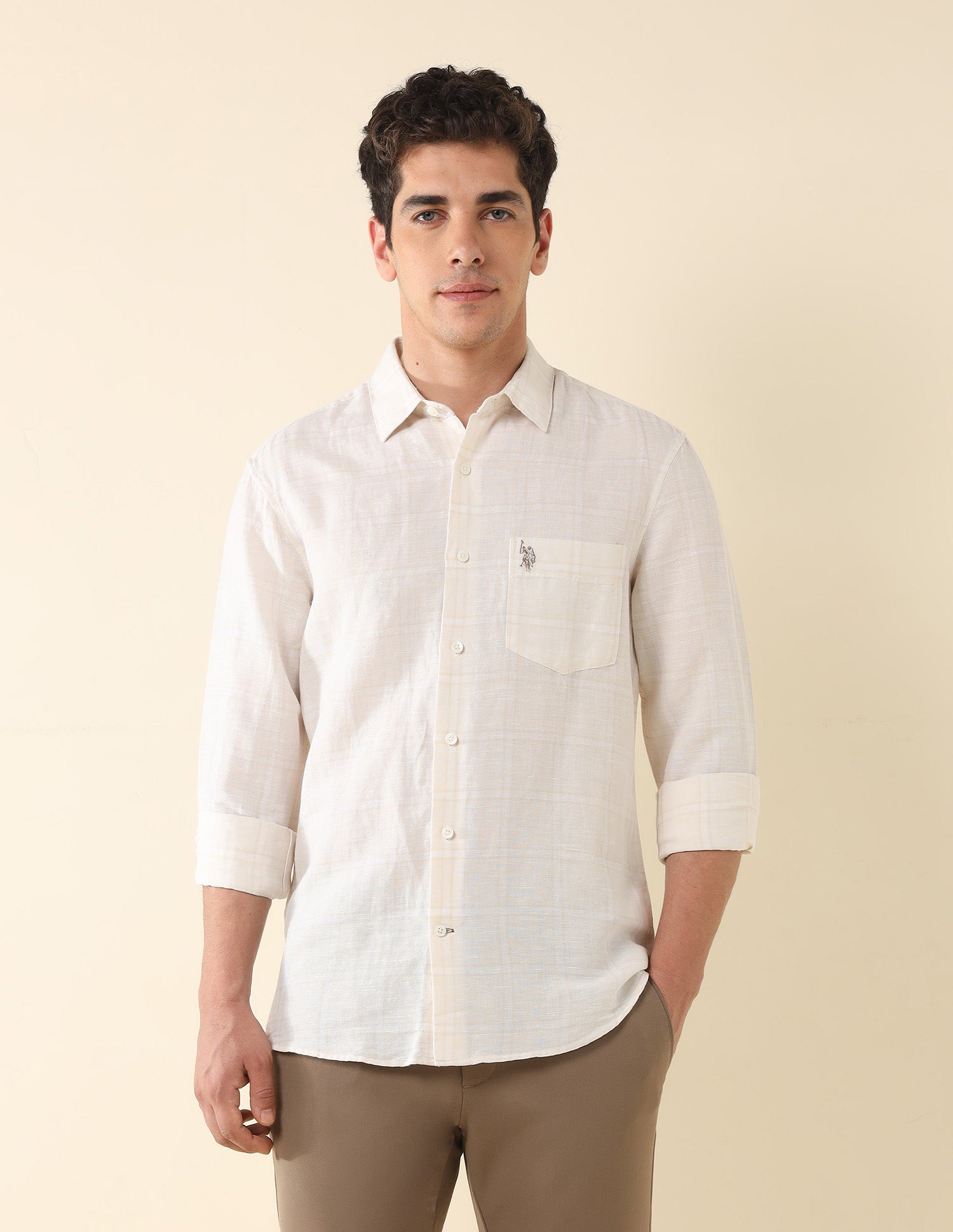Grid Tattersall Checked Tailored Fit Shirt Cream - U.S. Polo Assn. India | Large