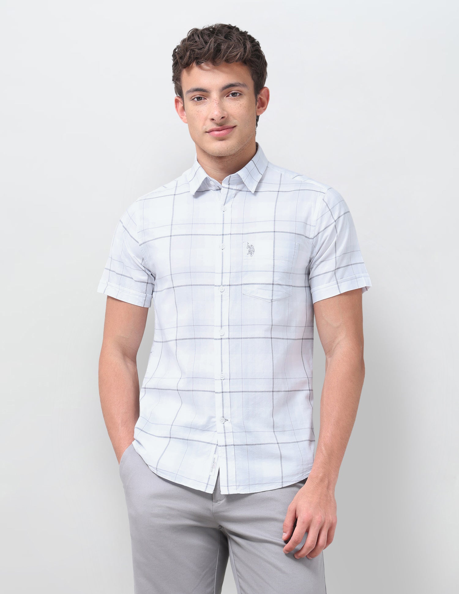 Windowpane Checked Regular Fit Shirt Light Grey - U.S. Polo Assn. India | Large