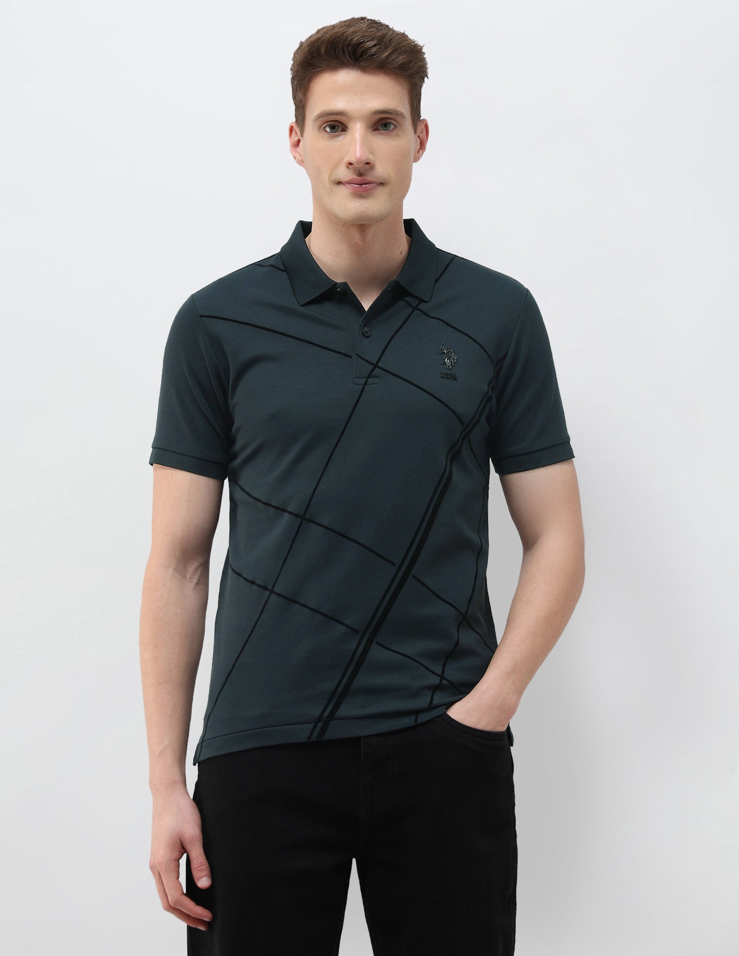 Geometric Printed Black & Gold Polo Shirt Teal - U.S. Polo Assn. India | Large