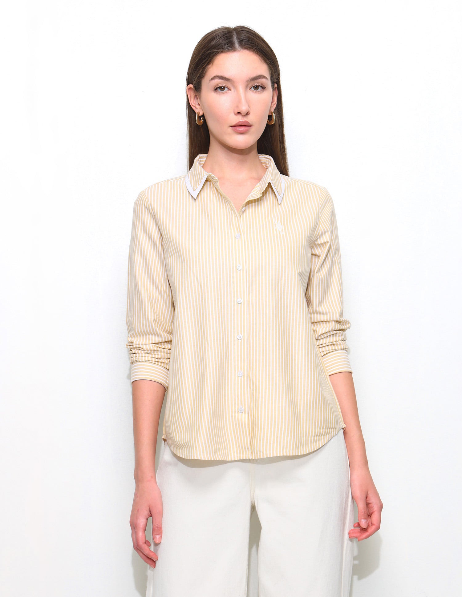 Vertical Striped Contrast Collar Shirt Light Yellow - U.S. Polo Assn. India | Large