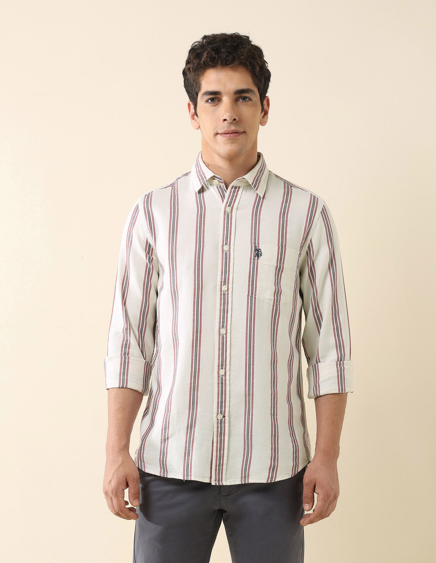 Vertical Striped Pure Cotton Shirt Ivory - U.S. Polo Assn. India | Large