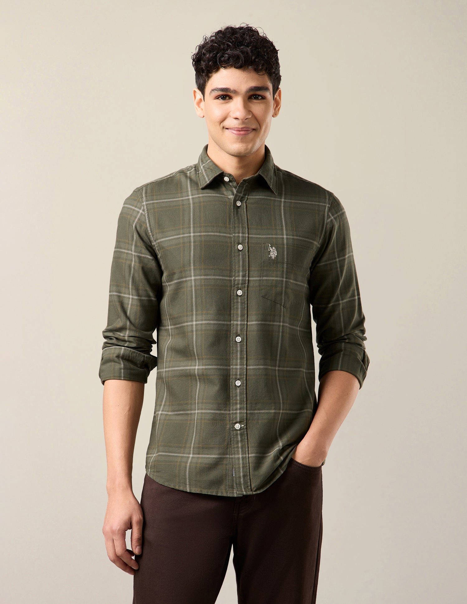 Grid Tattersall Checked Regular Fit Shirt Olive - U.S. Polo Assn. India | Large