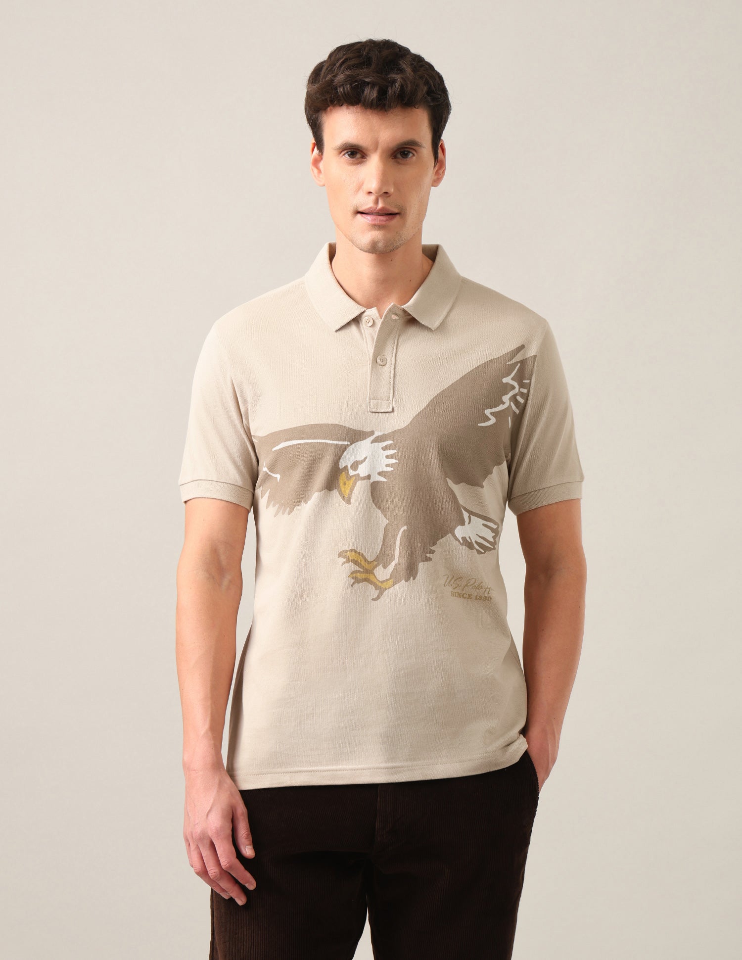 Graphic Printed Slim Fit Polo Shirt Beige - U.S. Polo Assn. India | Large