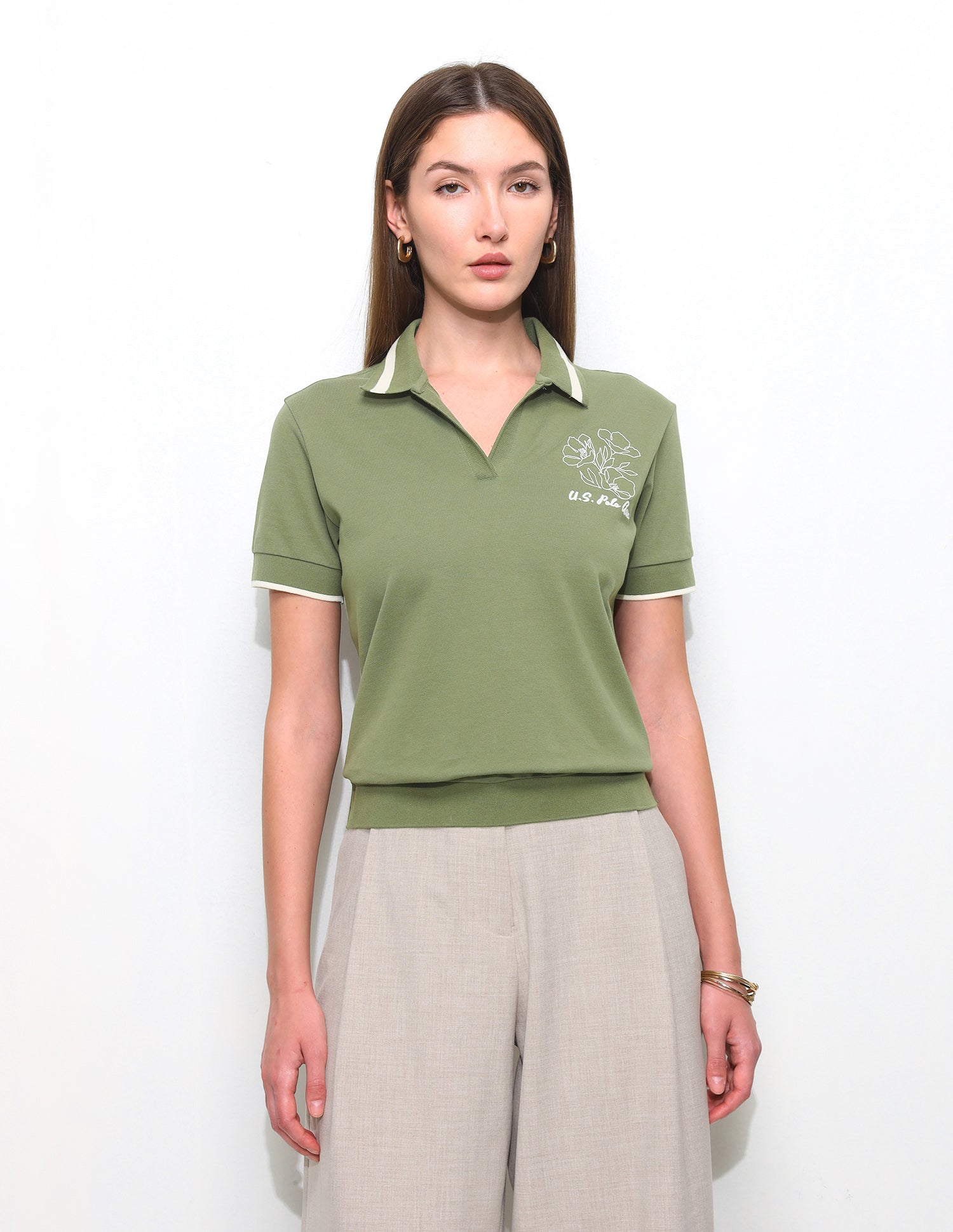 Floral Embroidery Blouson Polo Shirt Olive - U.S. Polo Assn. India | Large