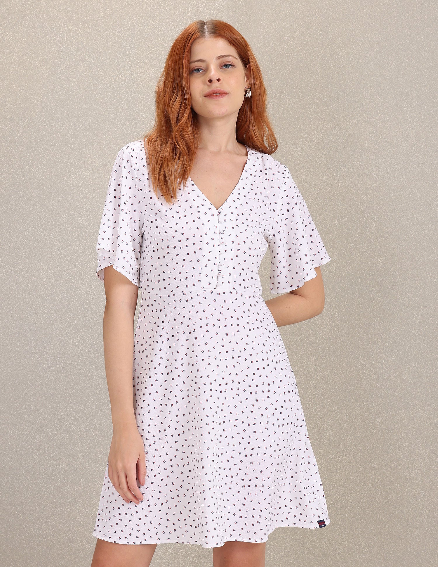 Flutter Sleeve All Over Print A-line Dress White - U.S. Polo Assn. India | Large