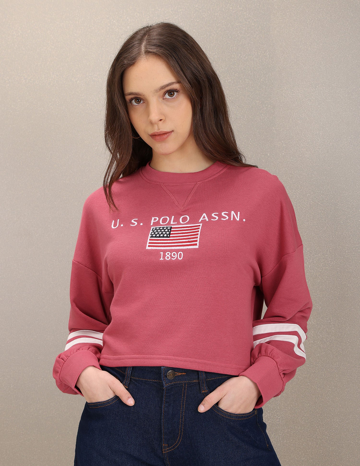 Crew Neck Brand Embroidered Sweatshirt Dark Pink - U.S. Polo Assn. India | Large
