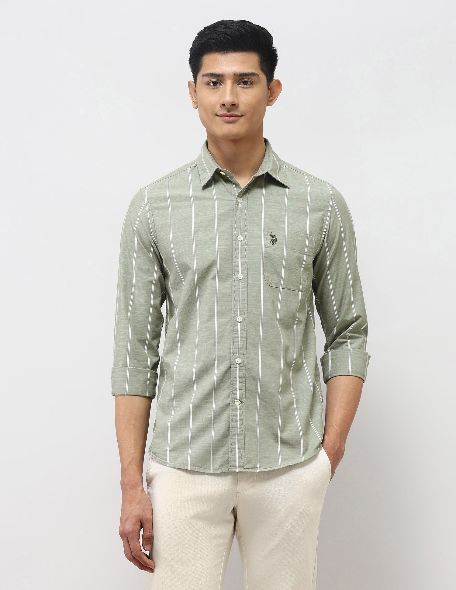 Vertical Striped Pure Cotton Shirt Light Olive - U.S. Polo Assn. India | Large