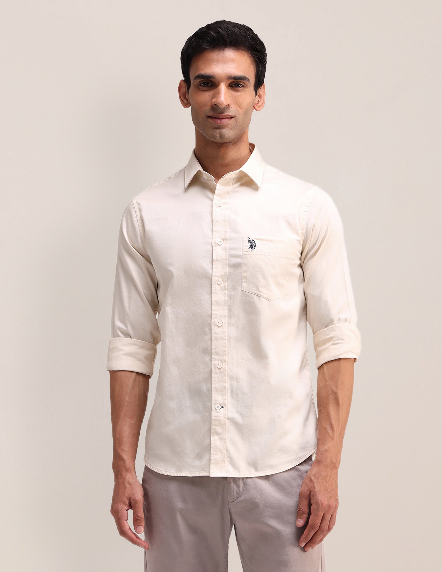 Tailored Fit Satin Shirt Ivory - U.S. Polo Assn. India | Large