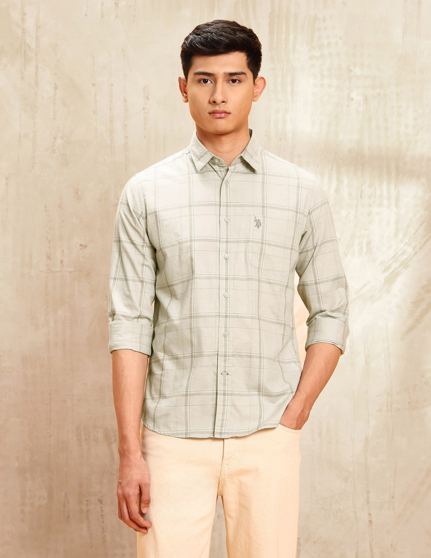 Twill Windowpane Checked Shirt Light Khaki - U.S. POLO ASSN. | Large