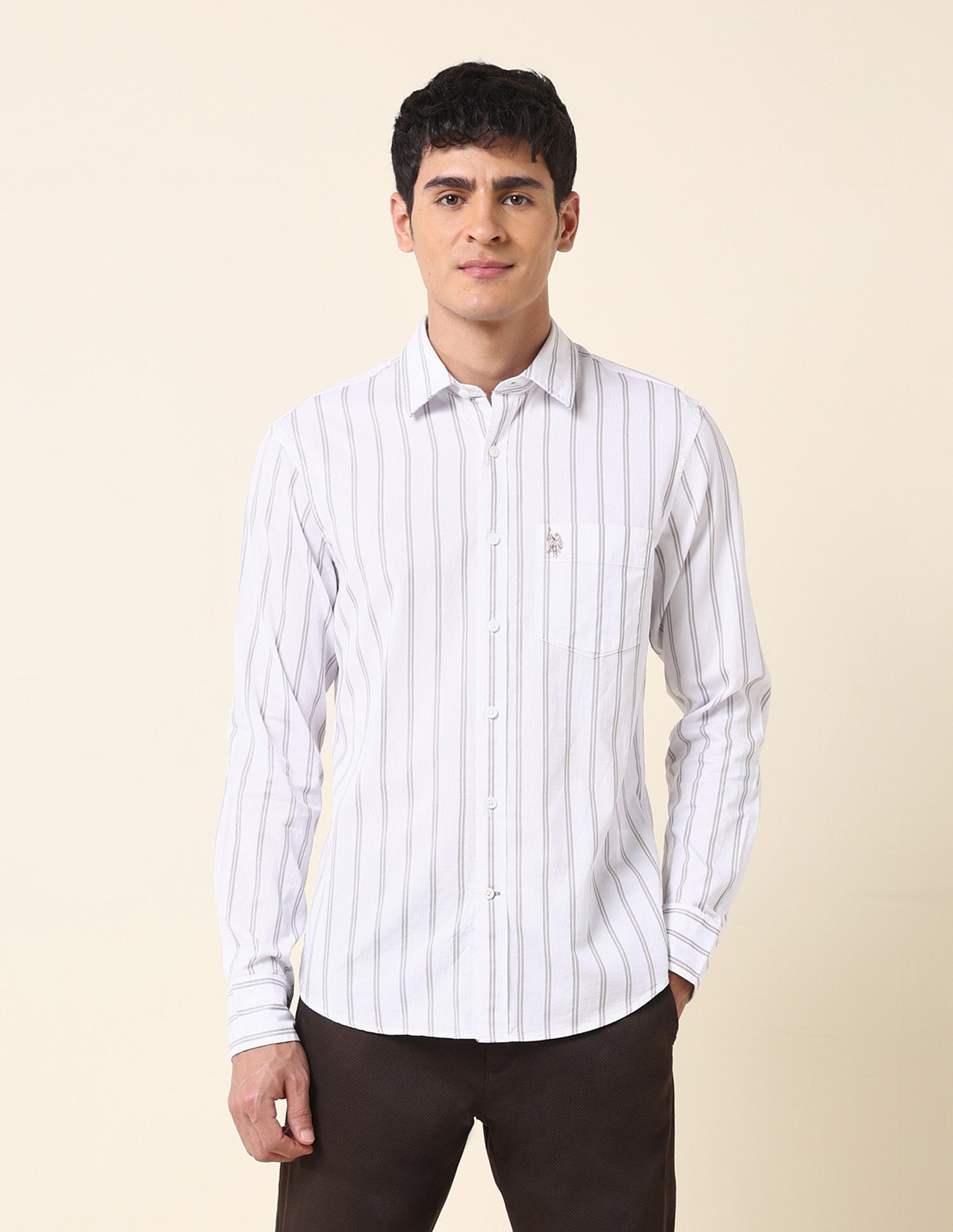 Vertical Striped Tailored Fit Shirt Khaki - U.S. Polo Assn. India | Large