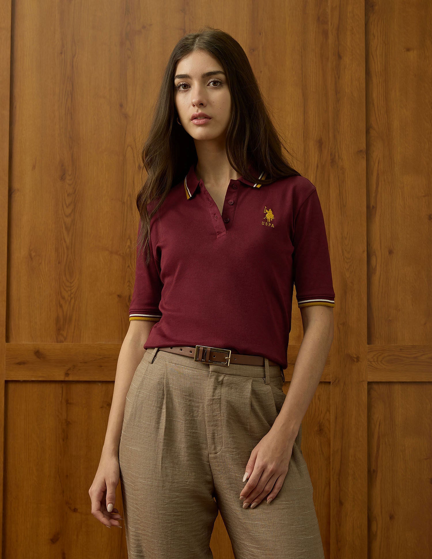 Polo Collar Cotton Tshirt With Tipping Maroon - U.S. Polo Assn. India | Large