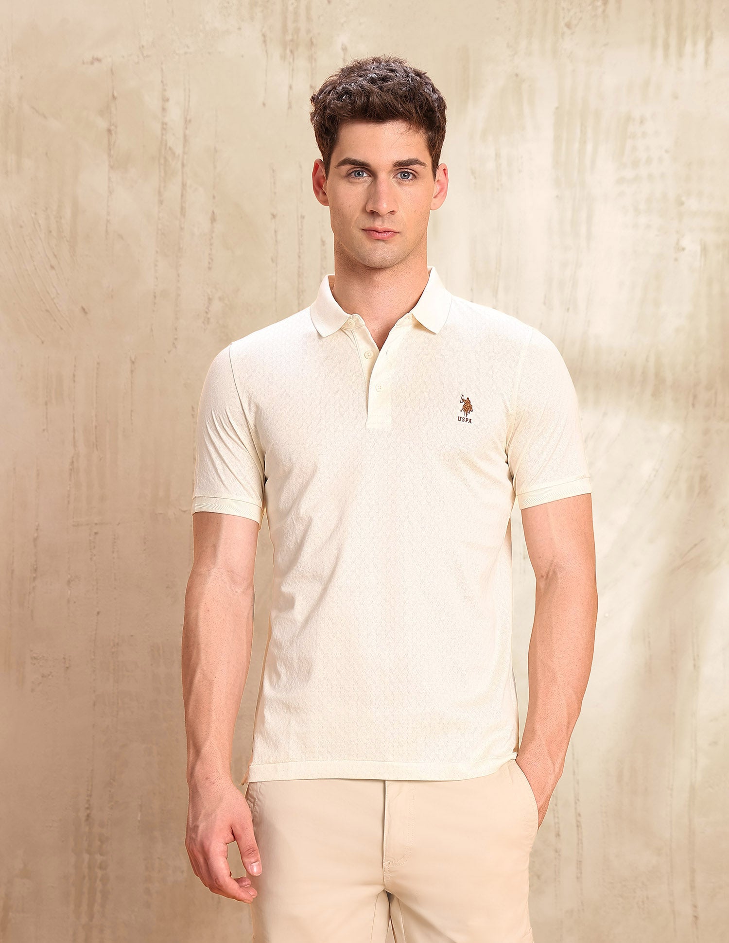 Textured Slim Fit Polo Shirt Beige - U.S. POLO ASSN. | Large