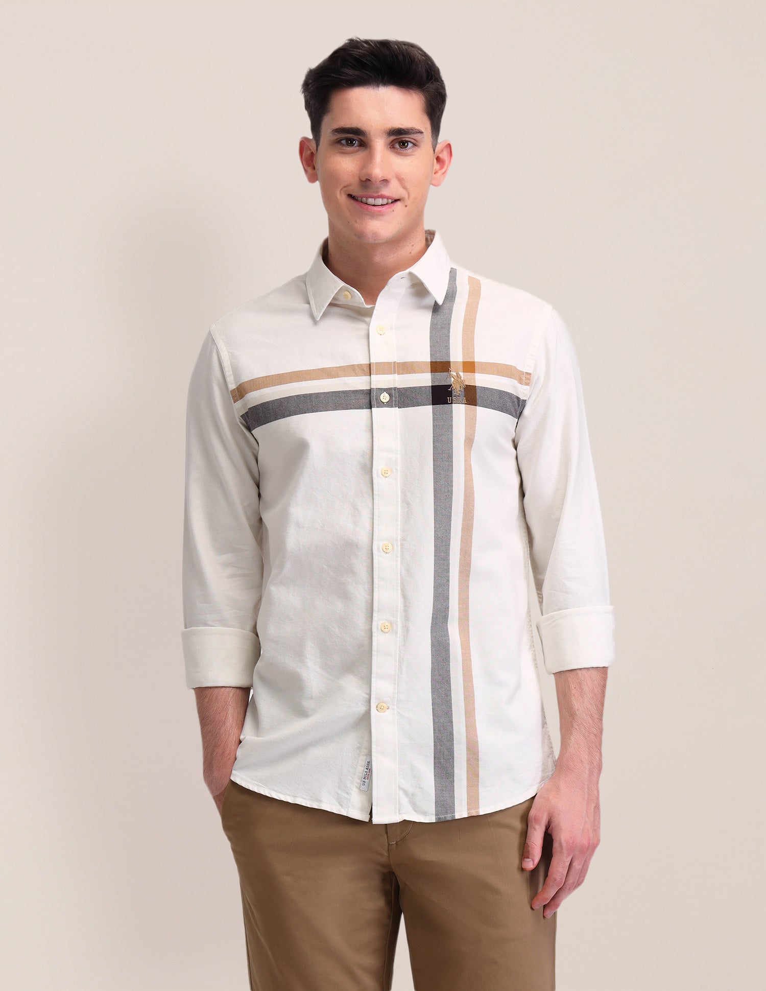 Vertical Striped Tailored Fit Shirt Off White - U.S. Polo Assn. India | Large