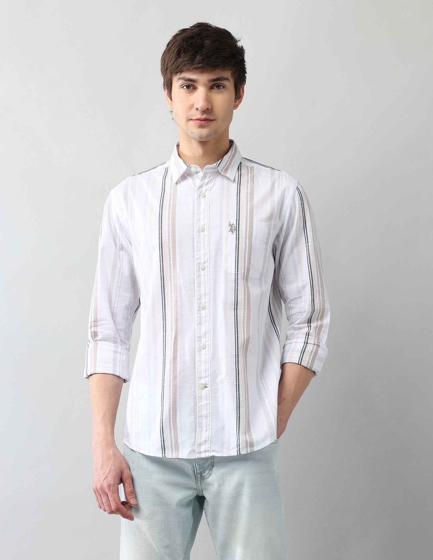 Vertical Striped Regular Fit Poplin Shirt Ivory - U.S. Polo Assn. India | Large