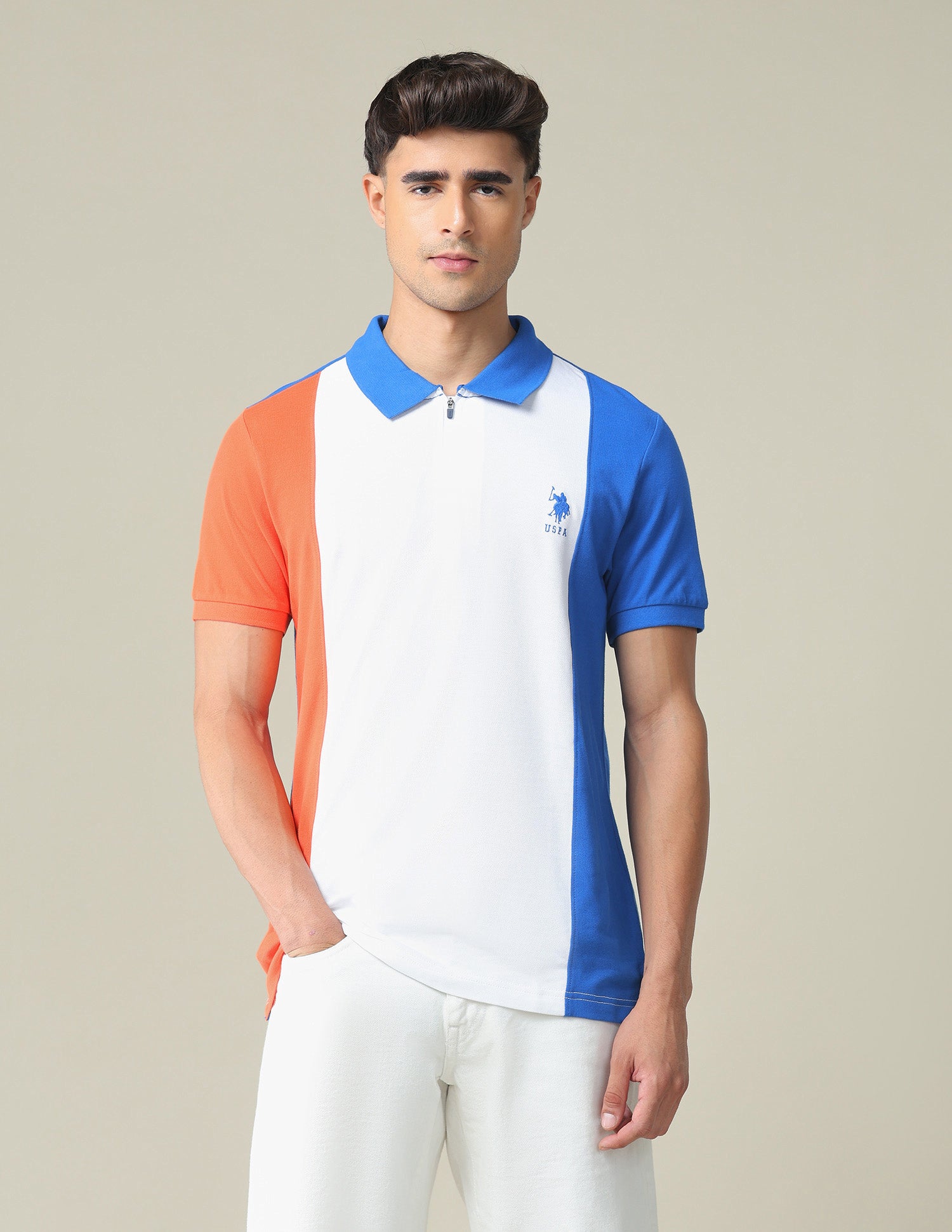 Colour Block Cotton Polo Shirt Blue and White - U.S. POLO ASSN. | Large