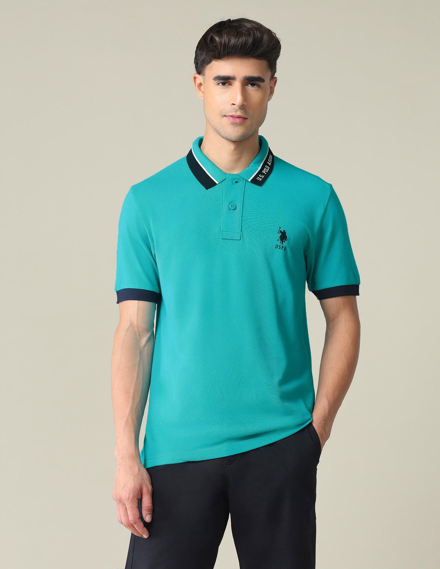 Branded Collar Pique Polo Shirt Green - U.S. POLO ASSN. | Large