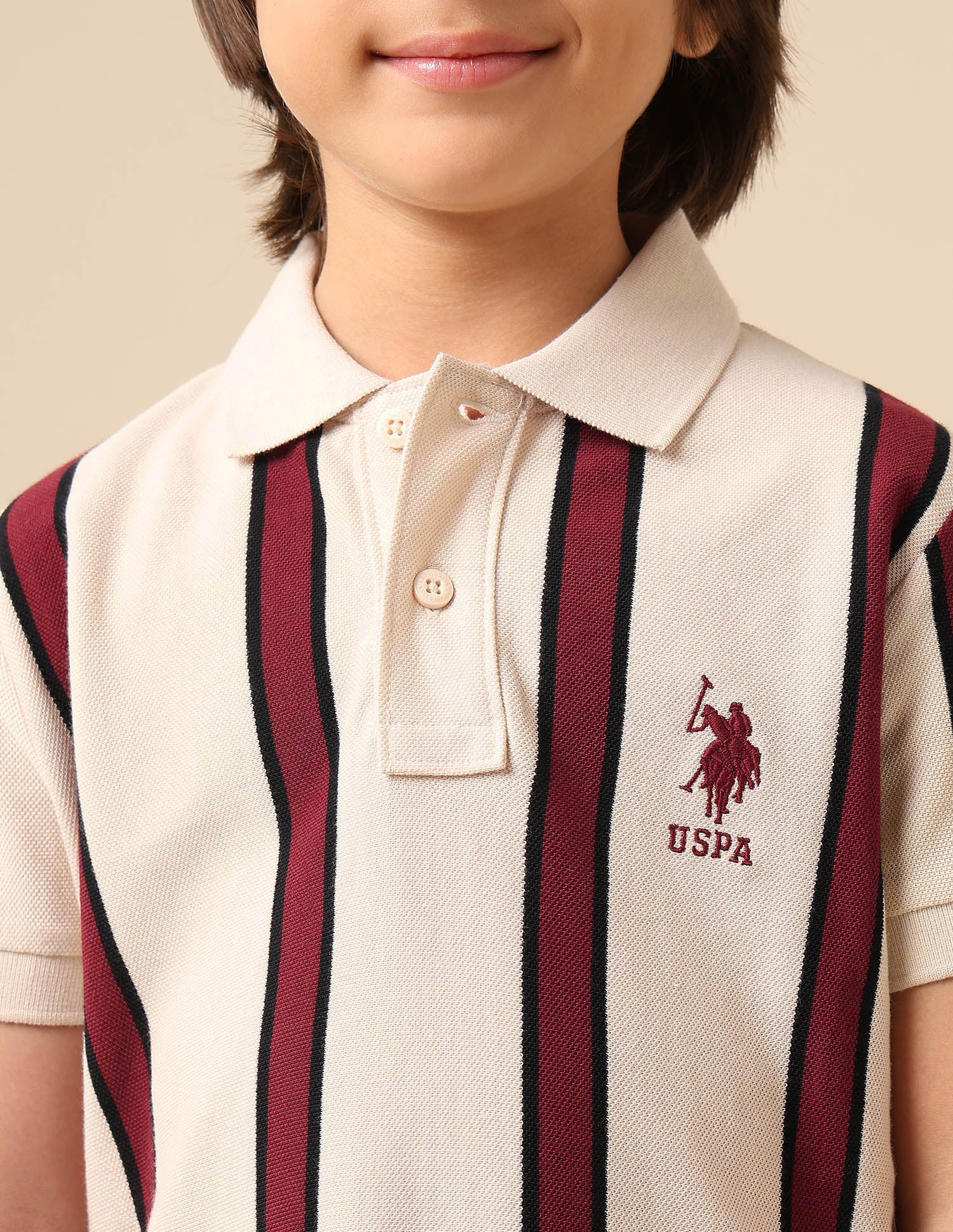 Boys Vertical Striped Regular Fit Polo Shirt Ecru - U.S. POLO ASSN. | Large