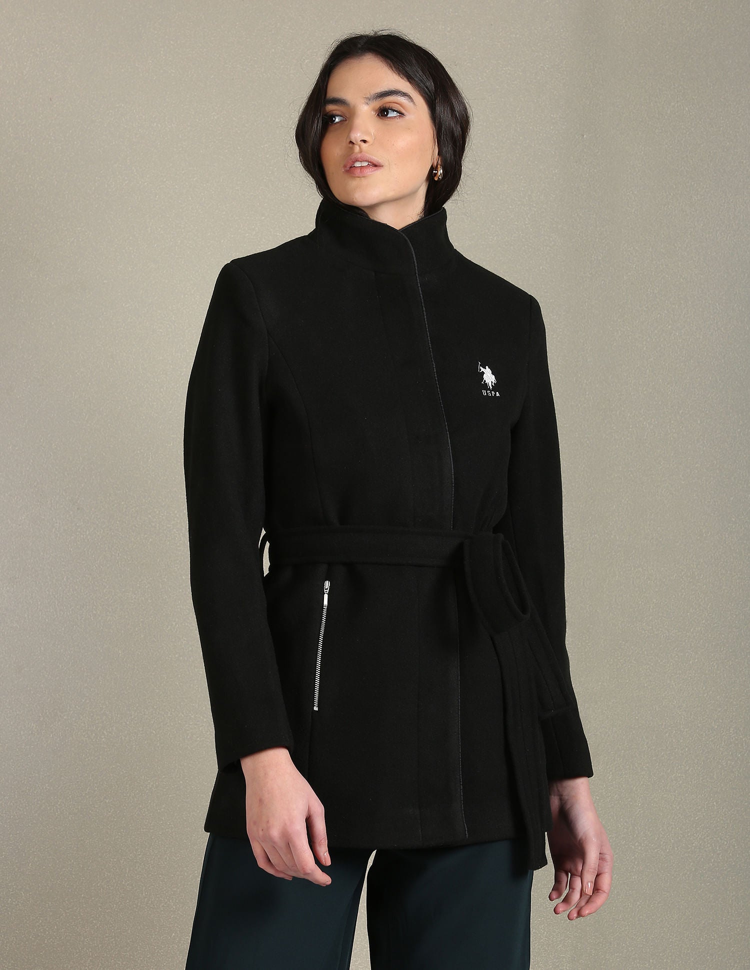 Belted Solid Jacket Black - U.S. Polo Assn. India | Large