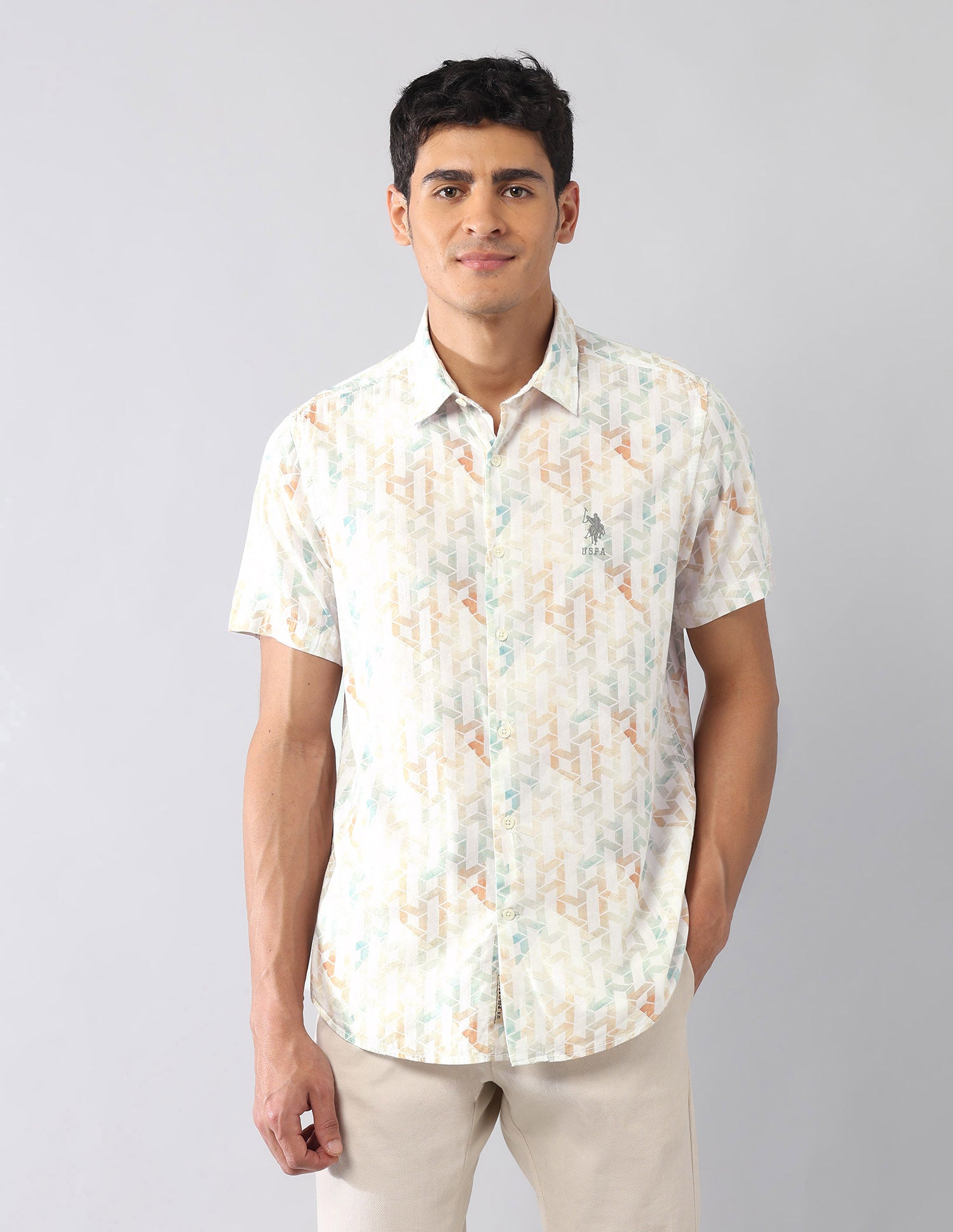 Geometric Printed Satin Regular Fit Shirt Light Green - U.S. Polo Assn. India | Large