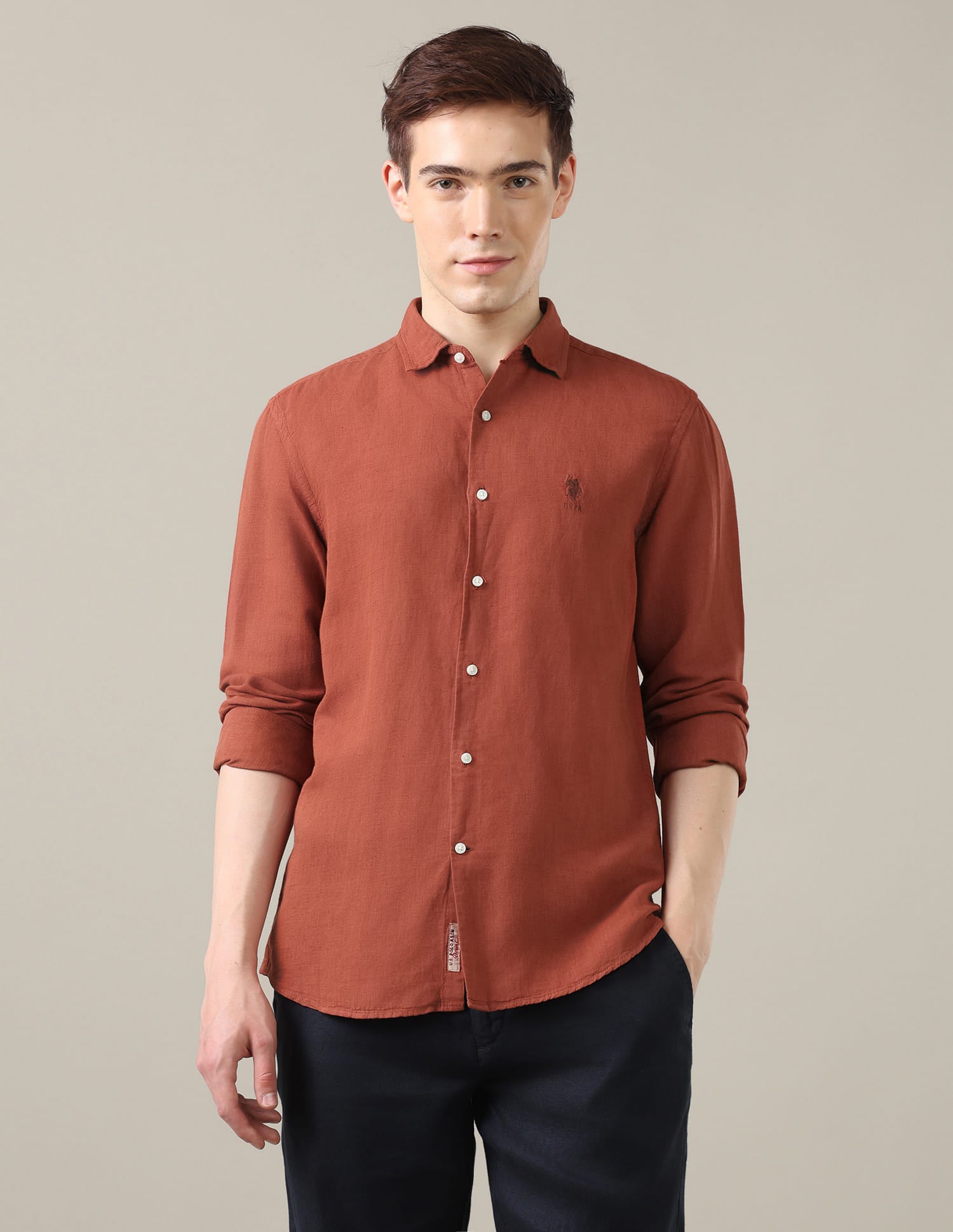 Solid Regular Fit Shirt Brown - U.S. Polo Assn. India | Large