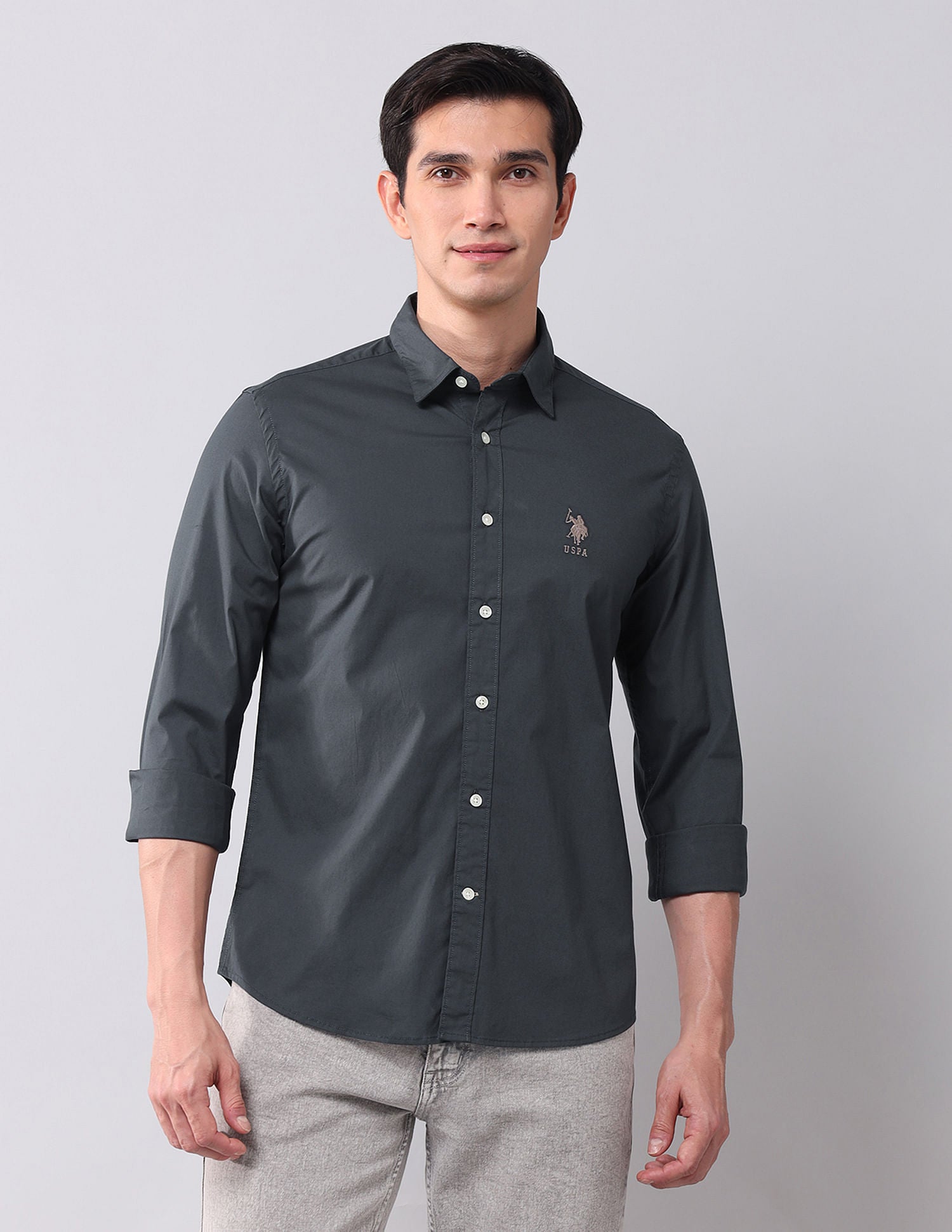 Regular Fit Twill Solid Shirt Charcoal - U.S. Polo Assn. India | Large
