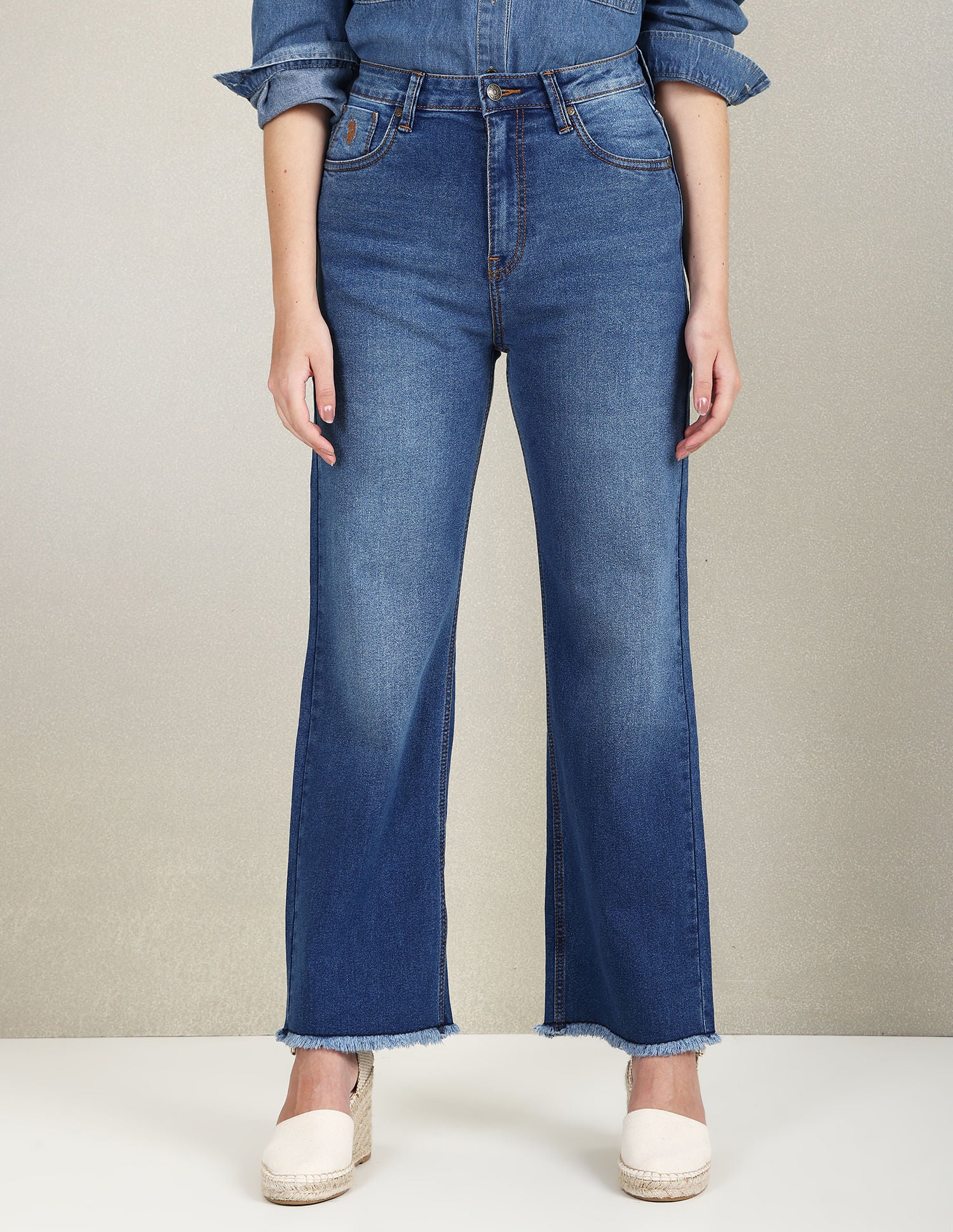 High Rise Wide Leg Whiskered Jeans Blue - U.S. POLO ASSN. | Large