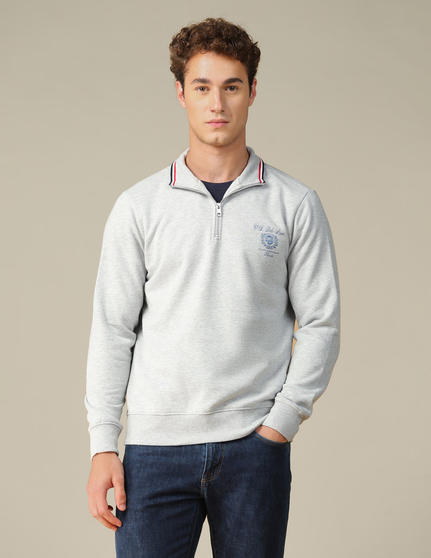 Solid Zipper Sweatshirt Ecru Melange - U.S. Polo Assn. India | Large