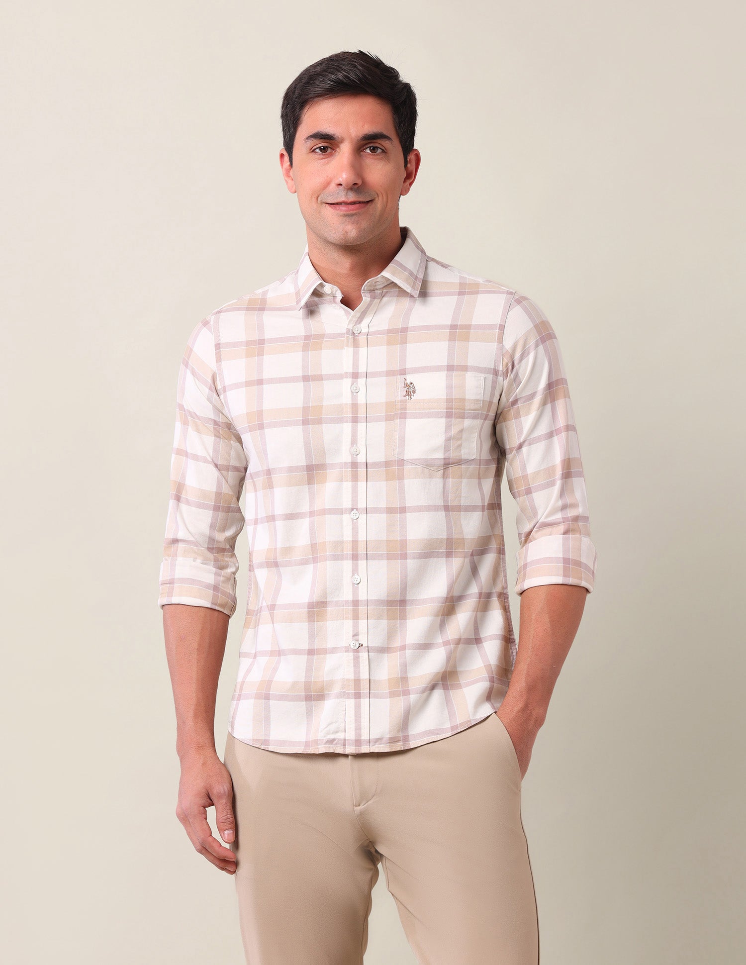 Tailored Fit Grid Tattersall Checked Shirt Ecru - U.S. Polo Assn. India | Large