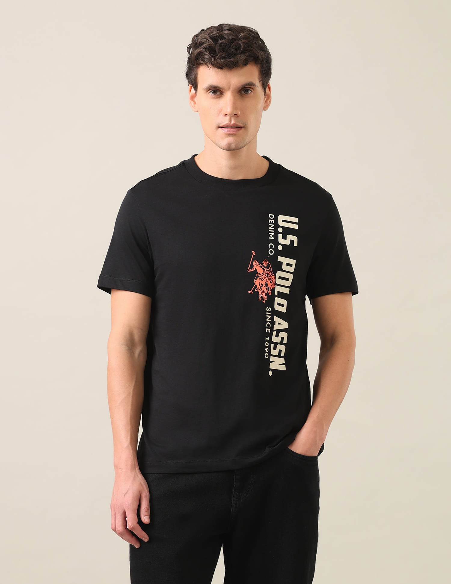 Typographic Brand Printed Regular Fit T-Shirt Black - U.S. Polo Assn. India | Large