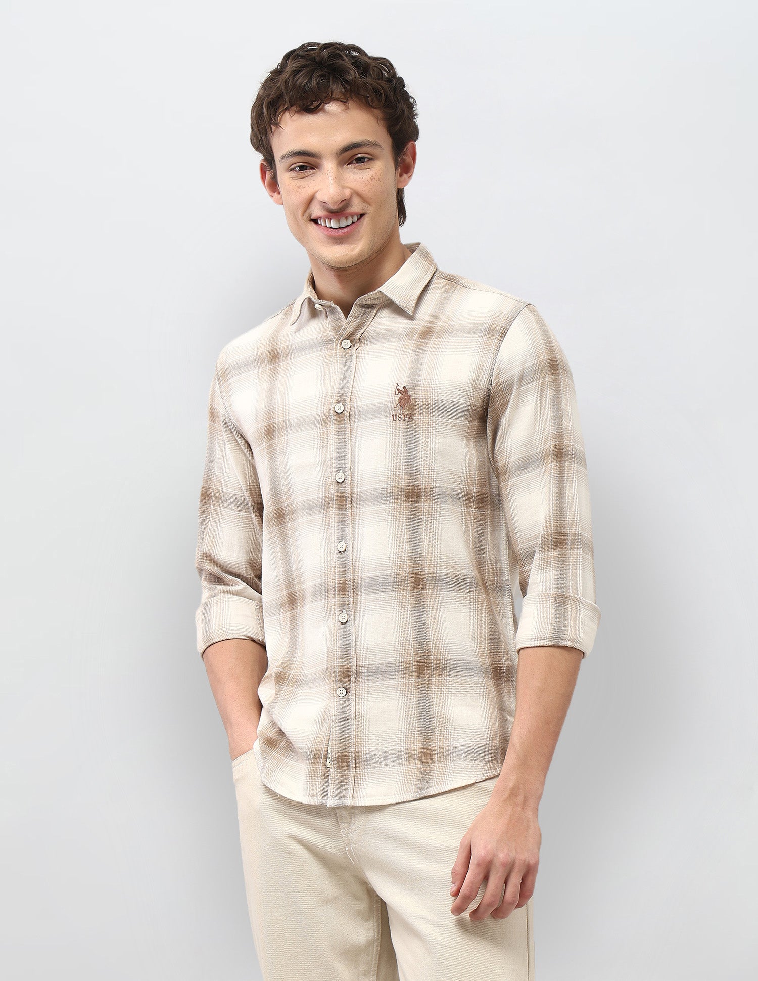 Motel On The Coast Windowpane Checked Shirt Beige - U.S. Polo Assn. India | Large