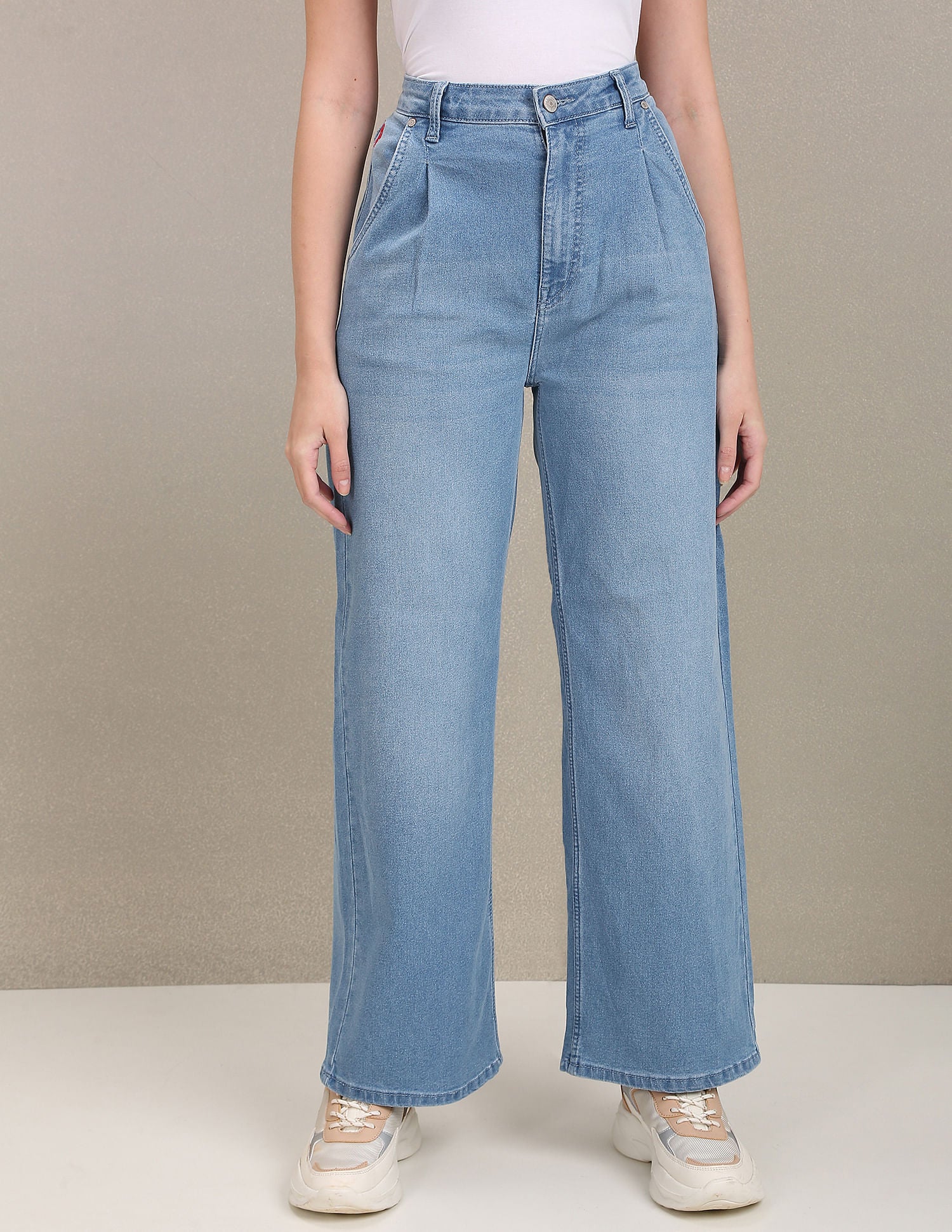 High Rise Pleated Wide Leg Jeans Light Blue - U.S. POLO ASSN. | Large